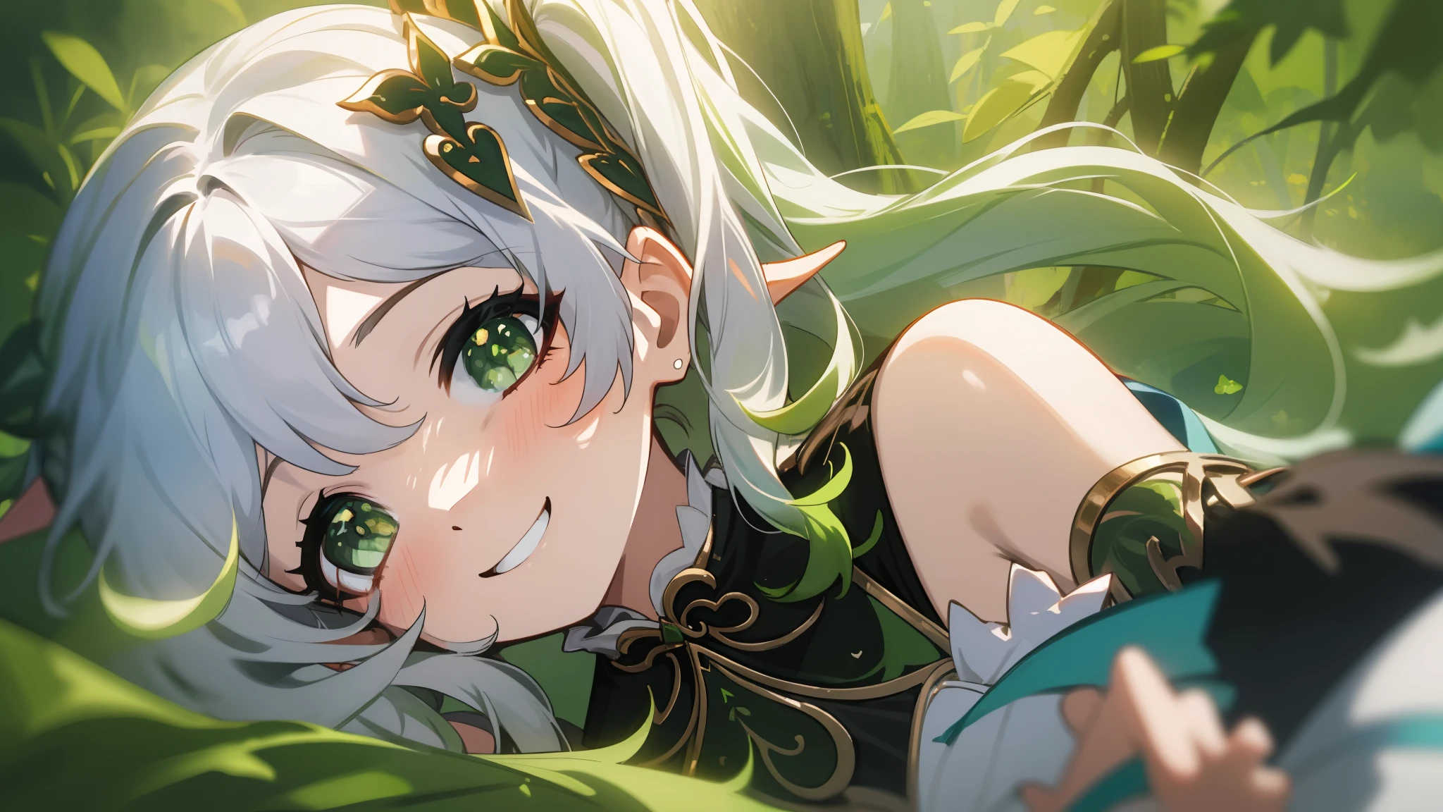 (Highly detailed),Extremely detailed 8k wallpaper,NSFW,((Best quality)),(Masterpiece),profesional photo,a warm color palette,Dynamic Angle,Side ponytail,finedetail,White hair,Green eyes,full bodyesbian,Small breasts,Anime face,Cute face,grin,Detailed light,Best shadow,Looking_at_Viewers,cute female child,Little girl,mesugaki,1girll,ln the forest,naturey,