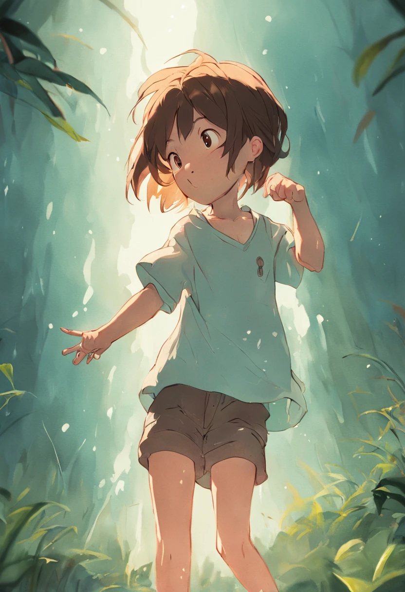 the little explorer, Various poses and expressions on white background, Children's book illustration style, ، simple, fisherman, 6 , colours, with short brown hair, Cole Lisa, white short sleeve shirt, Shorts jeans