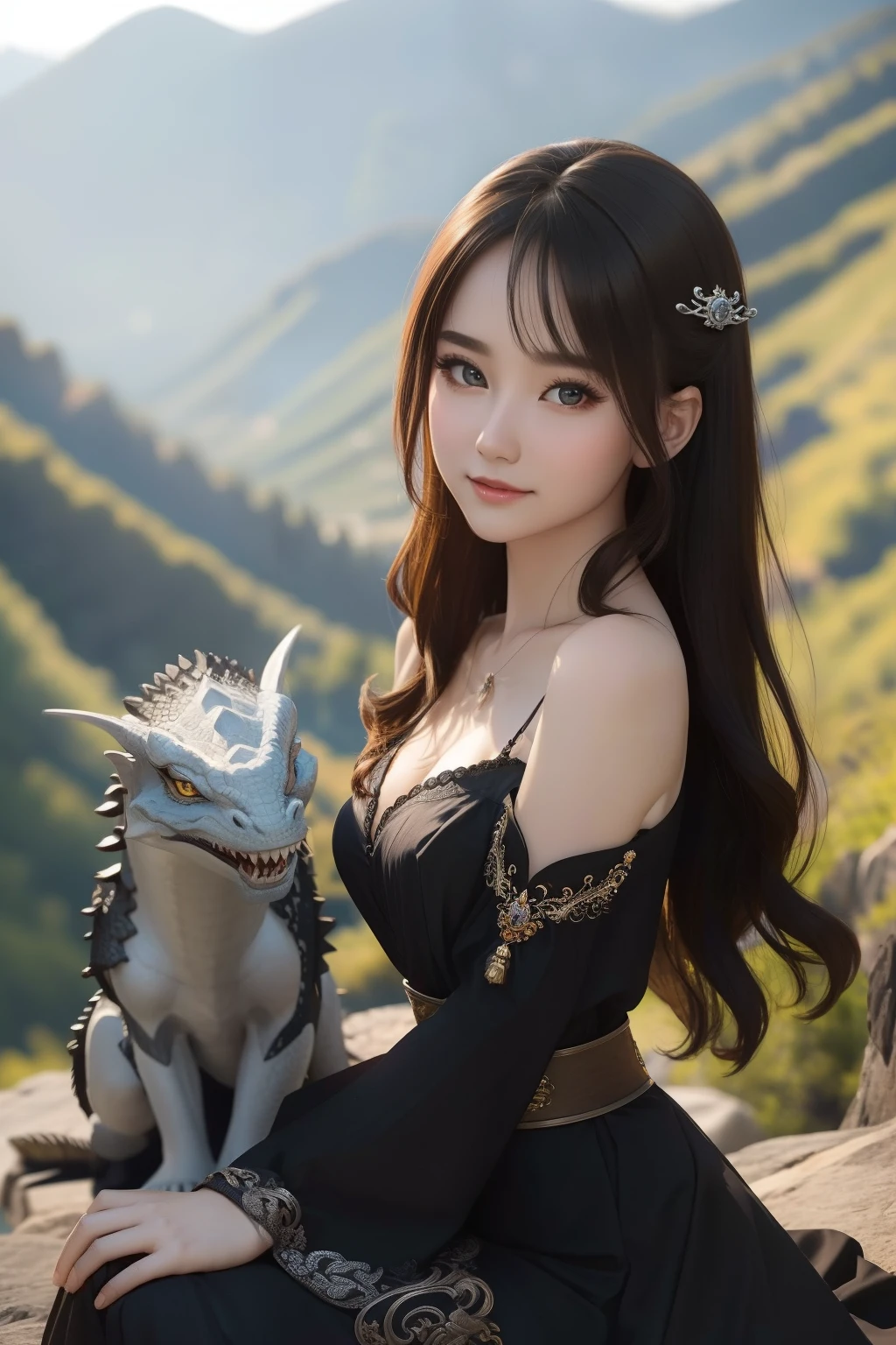 ((top-quality、​masterpiece、photographrealistic:1.4、in 8K))、1 beautiful detailed woman and 1 dragon、extremely detailed eye and face、beatiful detailed eyes、（Princess of Makai in fantasy style black dress）、Luxury accessories、Elegant smile、（Princess petting a dragon in a rocky mountain）、Beautiful lighting、Textured skin、Super Detail、high detailing、High quality、hight resolution、（looking at the viewers）、mont