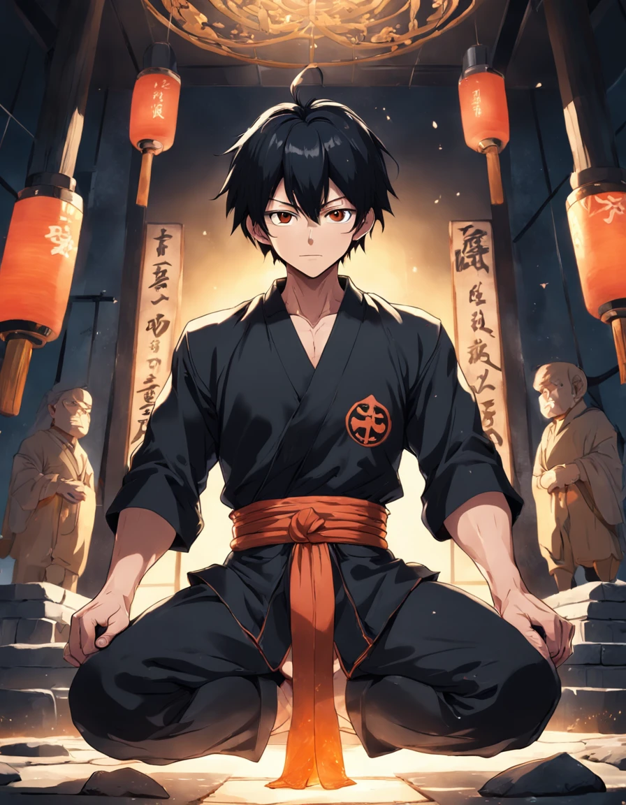 1 man，Adult men，Handsome，handsome，black color hair，Hit the workers，Glowing stone in hand，cultivating immortals，crossedlegs，Sit cross-legged on a cushion，inside in room，Modern renovated house，城市，