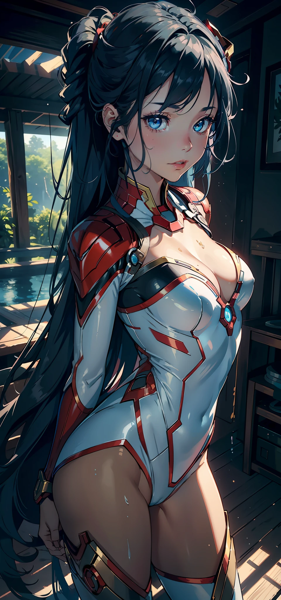 1female,,bit girl,Small lolinographic exposure, 独奏,(Background with:ln the forest,the rainforest,in summer) She has long blue hair,standing on your feet,Sweat profusely,drenched all over the body,seen from the front, hair straight, mostly cloudy sky,(((tmasterpiece),(Very detailed CG unity 8K wallpaper),best qualtiy,cinmatic lighting,detailed back ground,beatiful detailed eyes,Bright pupils,blue color eyes,Redlip(Very fine and beautiful),(Beautiful and detailed eye description),ultra - detailed,tmasterpiece,)),facing at camera,A high resolution,ultra - detailed),revealing breasts,Bare genitalia, Lower body elevation,Raised sexy,Camel toes,Flushed complexion,Open-mouthed,frontage,Spidey(Wearing:Iron Man uniform,),