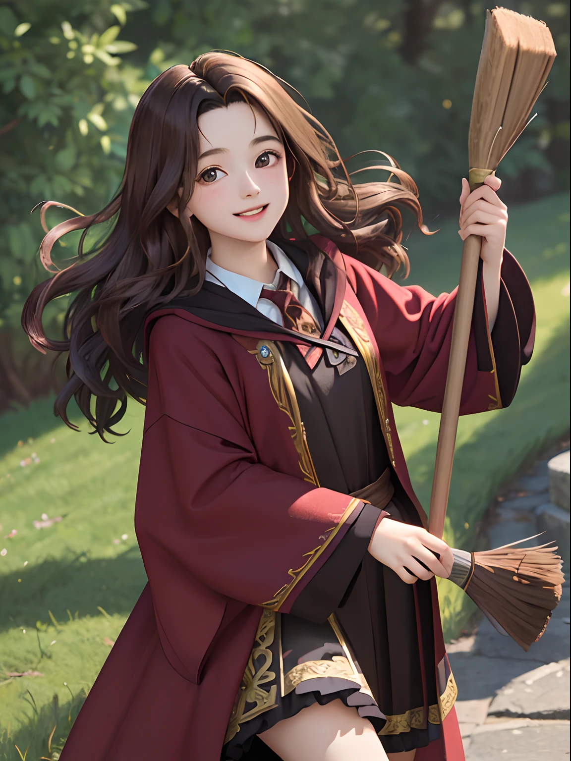 ((masterpiece:1.2), (best quality:1.2), looking at viewer, bare and fair skin,Wizarding world, shimmer reflected on hair, long hair fluttering in the wind, (wavy long hair), hair middle part, energetic , smily, happy , 15 year old eauropen girl, dark brunette hair, Brown eyes, victorian simple dress, gryffindor, red color, active young girl carry a broom, medium B cup breast, charming young lady, Gryffindor robe, harry potter style.