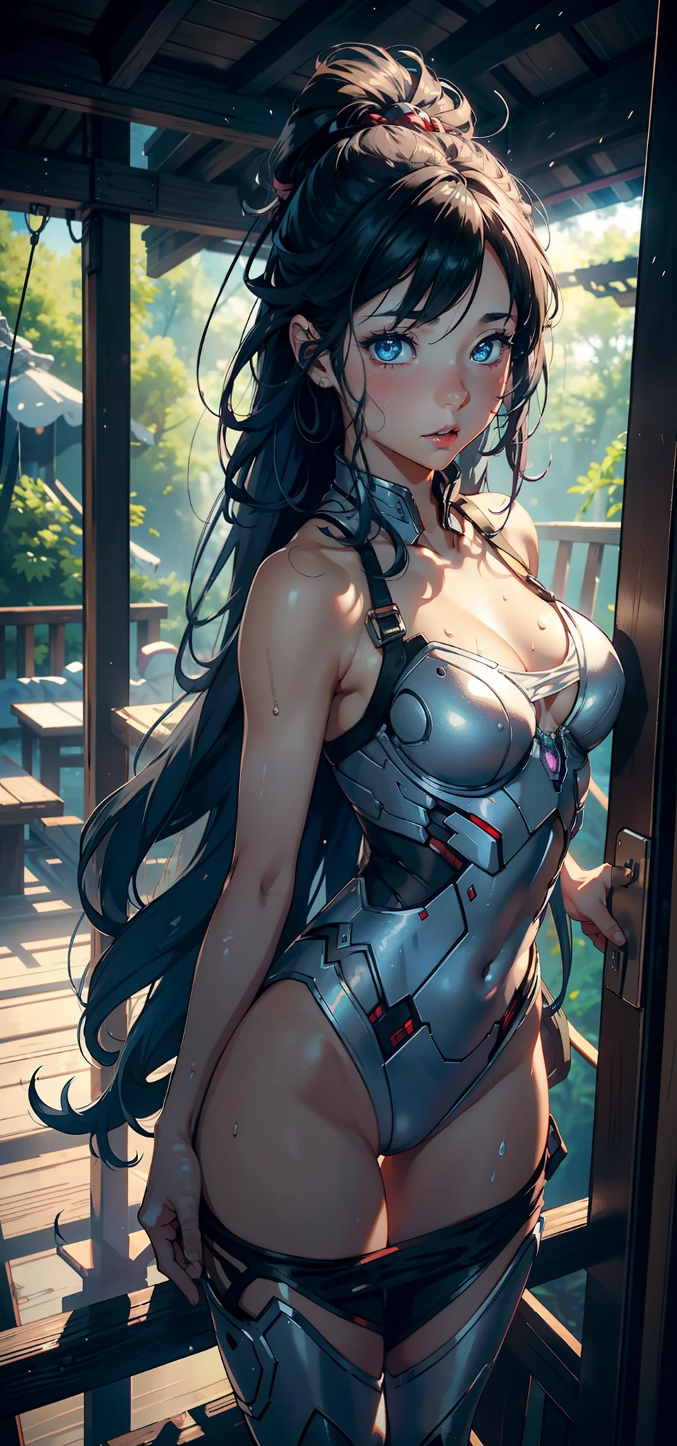 1female,,bit girl,Small lolinographic exposure, 独奏,(Background with:ln the forest,the rainforest,in summer) She has long blue hair,standing on your feet,Sweat profusely,drenched all over the body,seen from the front, hair straight, mostly cloudy sky,(((tmasterpiece),(Very detailed CG unity 8K wallpaper),best qualtiy,cinmatic lighting,detailed back ground,beatiful detailed eyes,Bright pupils,blue color eyes,Redlip(Very fine and beautiful),(Beautiful and detailed eye description),ultra - detailed,tmasterpiece,)),facing at camera,A high resolution,ultra - detailed),revealing breasts,Bare genitalia, Lower body elevation,Raised sexy,Camel toes,Flushed complexion,Open-mouthed,frontage,Spidey(Wearing:Iron Man uniform,),