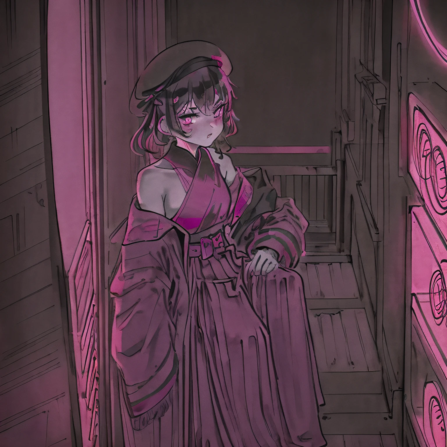 1 synth wave style girl, extremely detailed CG ,(masterpiece), (flat color:1.5), (best quality), (limited palette) , pink fluorescent paint, , noline art, silhouette, partially colored, (alternate color):1.4, dynamic angle, (pink, dark violet):1.3, dark violet shadow, (synth wave), (chromatic aberration) , (((thick) outline)), pink outline, (solo focus), pink neon lights, perfect shadow, cowboy shot, blank stare, beret, bowknot on beret, flat chest, wearing an off- shoulder floating jacket, short wavy delicate hair, blank stare, delicate face, bare shoulder, sitting on the top of the building,  beautiful and delicate eyes, (1 girl):1.5, solo, from above, delicate background, streets with neon lights

The red word is the core，Color words can be adjusted to get the desired color
You can join glitch yourself, Retro Art Style and even related tags such as Manga Frame。
Be sure not to use words of other colors when describing characters and scenes in the future！