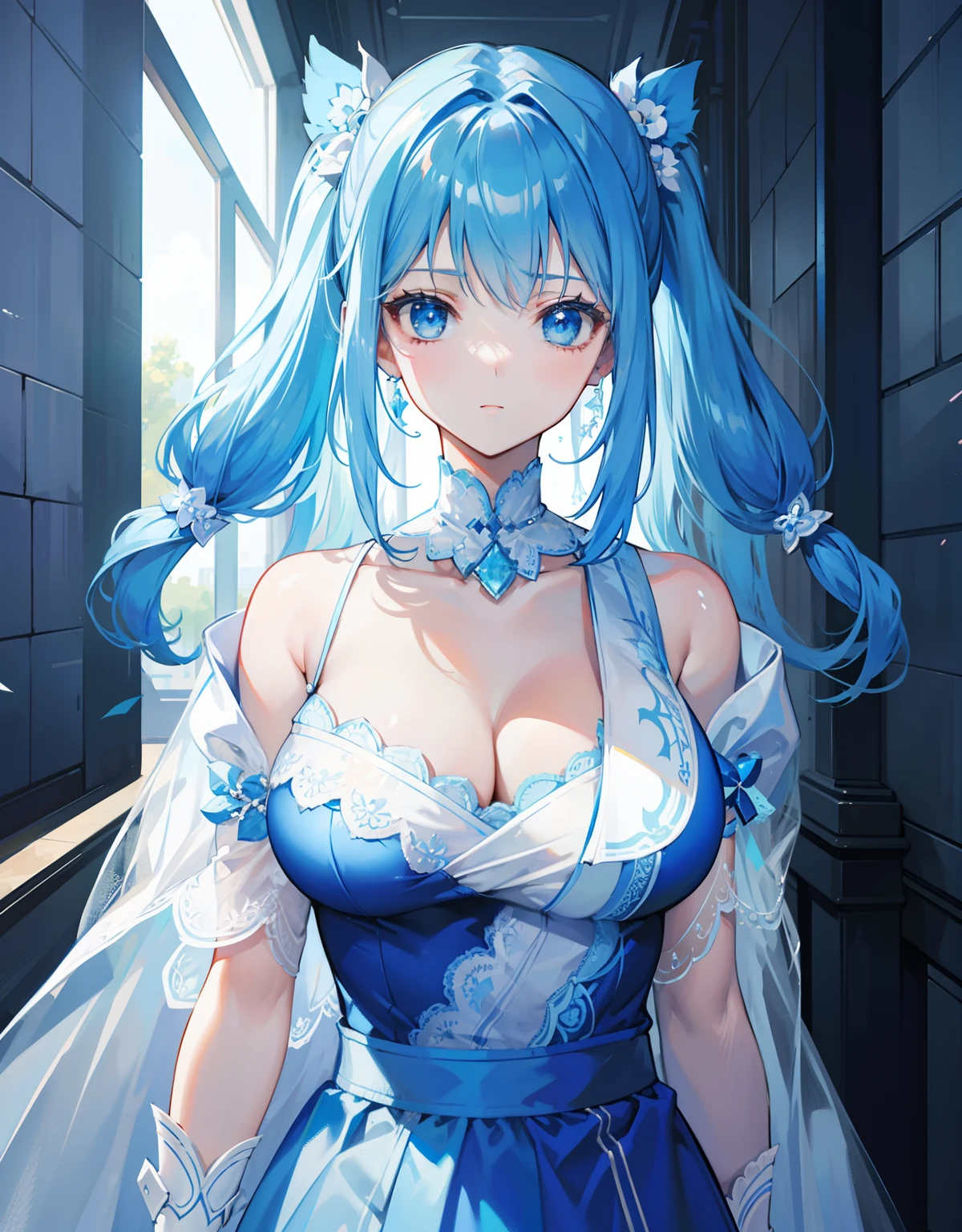 blue hairs，Blue and white clothes，Oversized breasts，A sweet girl with a heroic appearance