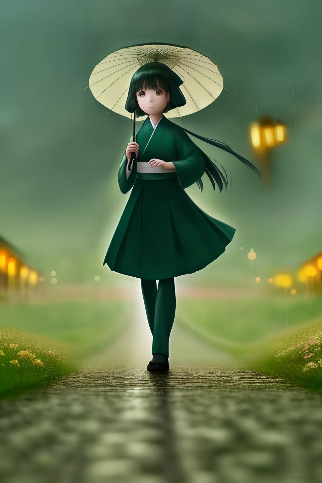 (picture quality is high:1.5,The picture is exquisite:1.4)Vista view,stabled diffusion,detail-rich,Delicately depicted on the road in a small town of Gangnam,raining day,A girl in a dark green Hanfu,Walking with an umbrella。