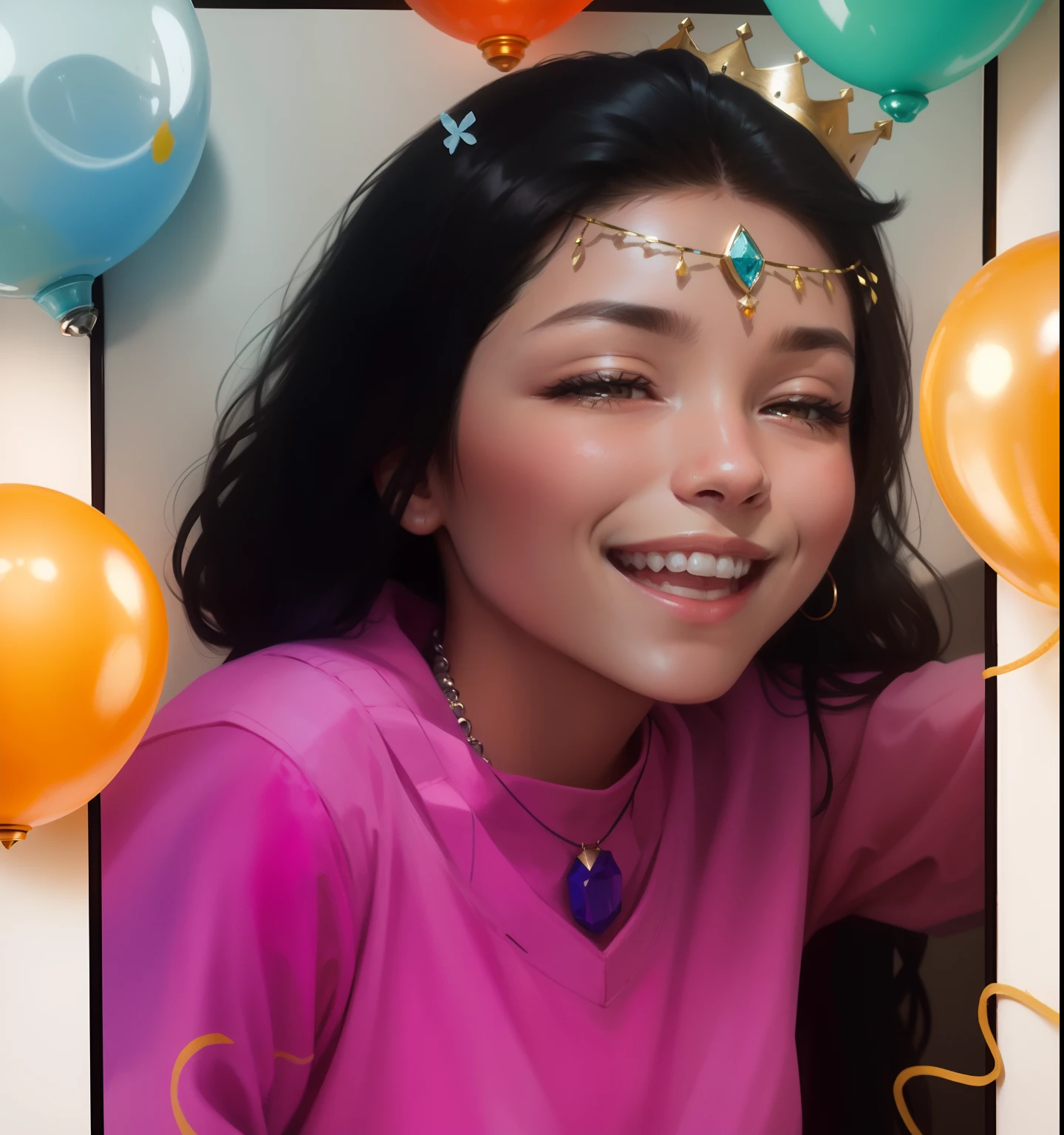 Crayon painting, 20 years old, with a bright smile. Put on a chandelier necklace. Put on the crown pet.