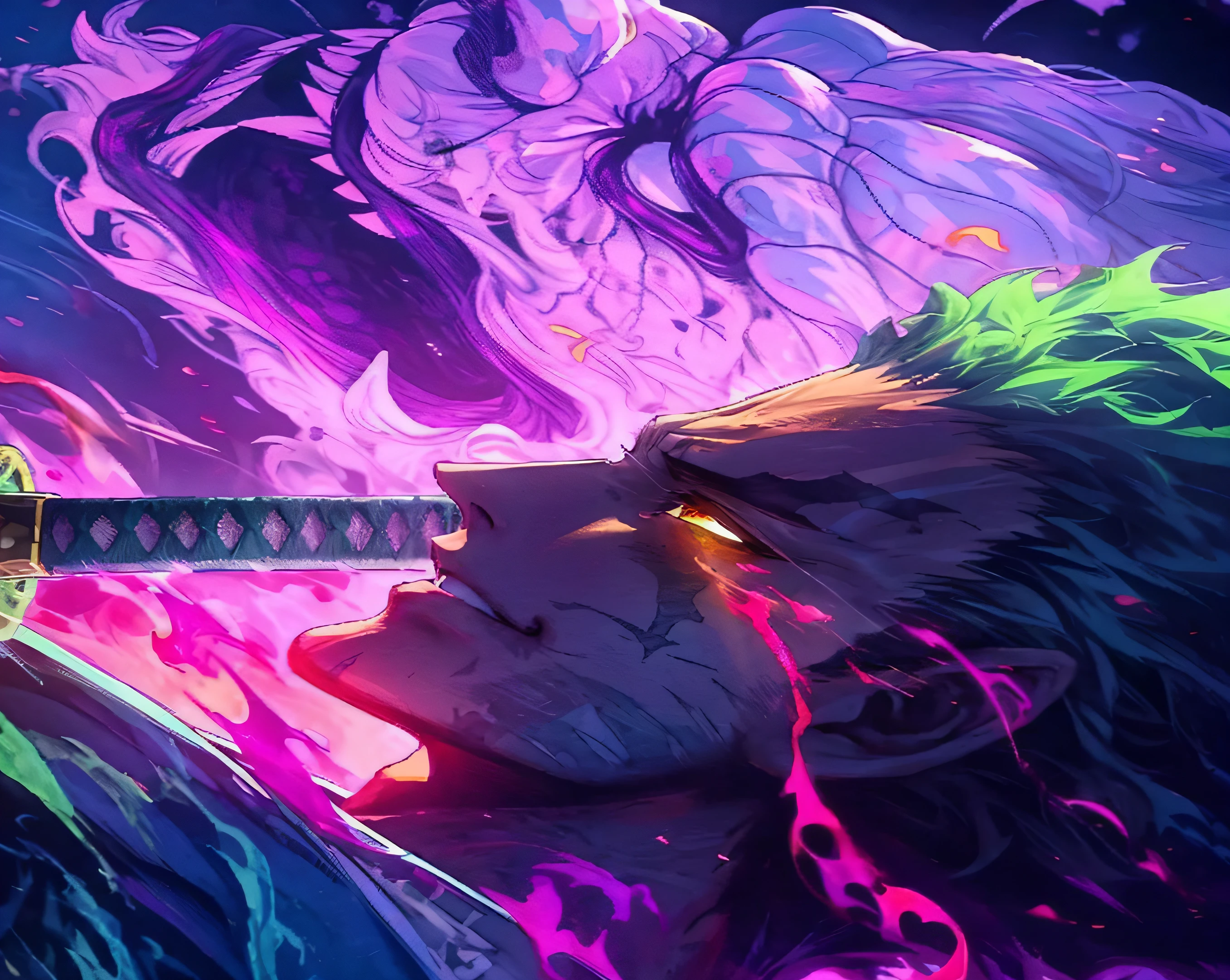 anime big breast,Solon。plethora of colors,Green hair,katana swords,There are flames coming out of the eyes,8K,Ultra-clear and high-quality images