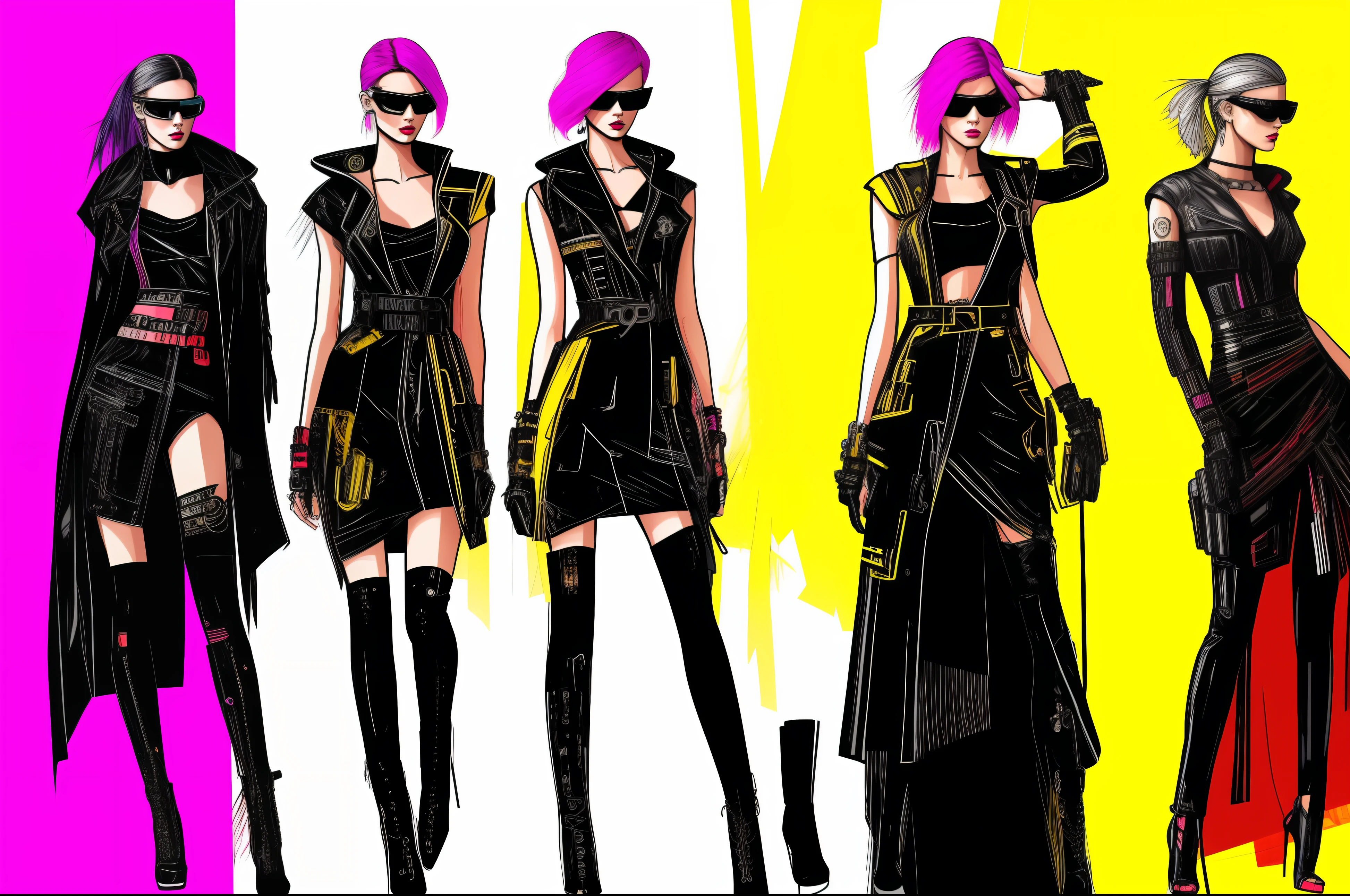 female fashion illustration European model of cyberpunk, neon color cyberpunk hairstyle, the sketch of 4 fashion women model illustration on a single page with modern cutline short and long both dress of yellow black and red color where background of the models are ash color fashion runway, Cyberpunk theme overall.