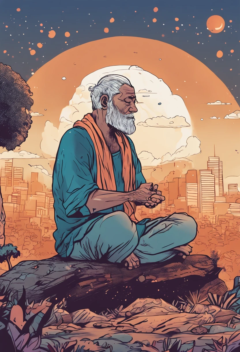 Um desenho estilo anime de um velho senhor meditando no meio da rua, no meio da cidade.