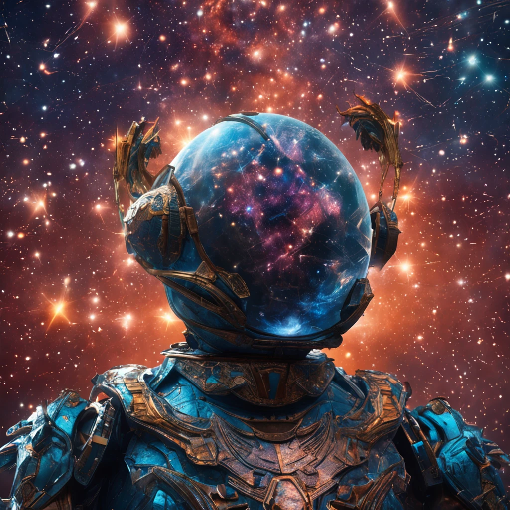 Best quality, Masterpiece, 超高分辨率, (photograph realistic:1.4), surrealism, Dream-like,fusionart, Star Armor,Constellations twinkle , The small universe burns, Blue energy