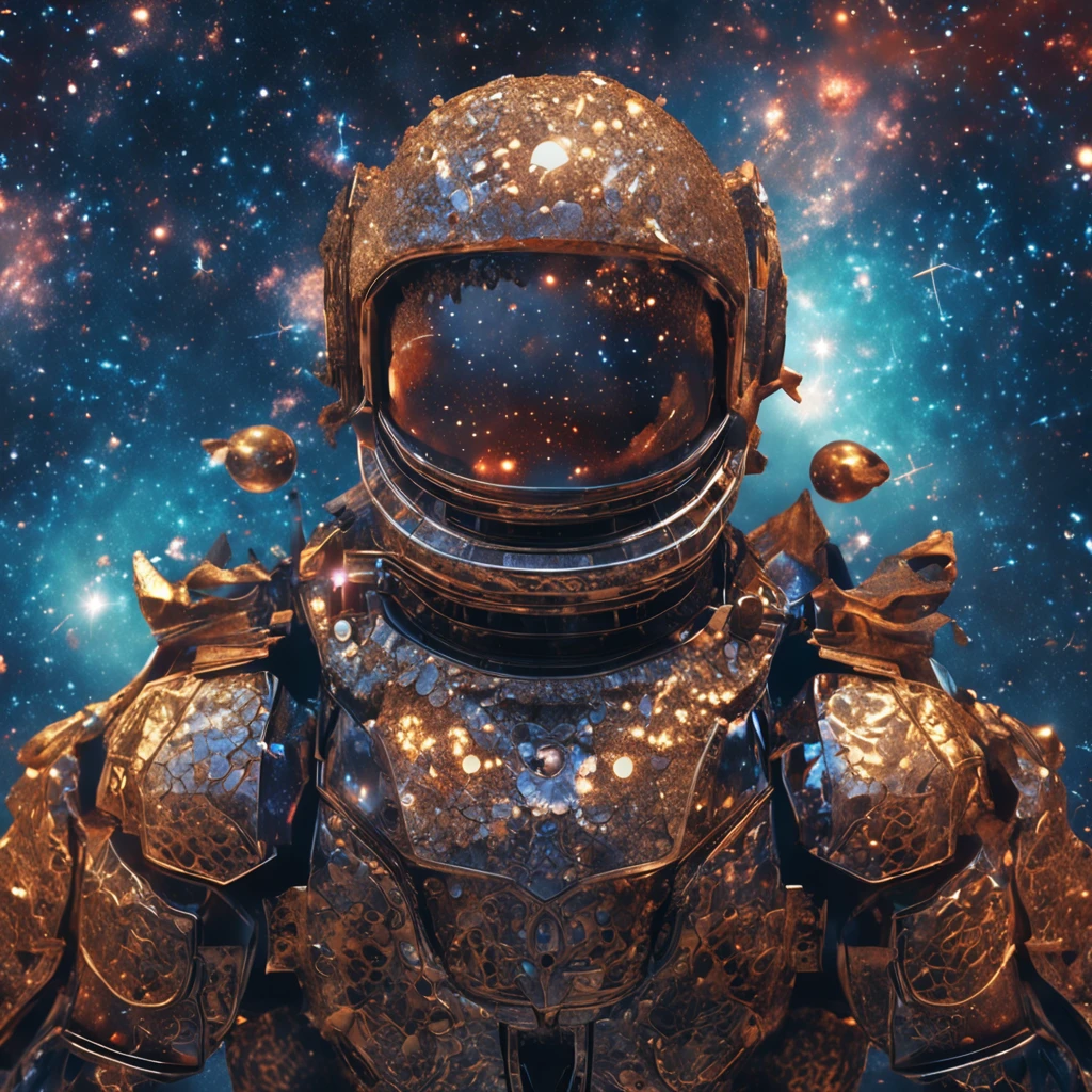 Best quality, Masterpiece, 超高分辨率, (photograph realistic:1.4), surrealism, Dream-like,fusionart, Star Armor,Constellations twinkle , The small universe burns, Blue energy