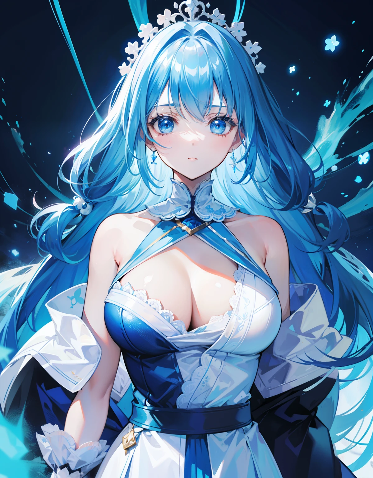 blue hairs,Blue and white clothes,Oversized breasts,A sweet girl with a heroic appearance