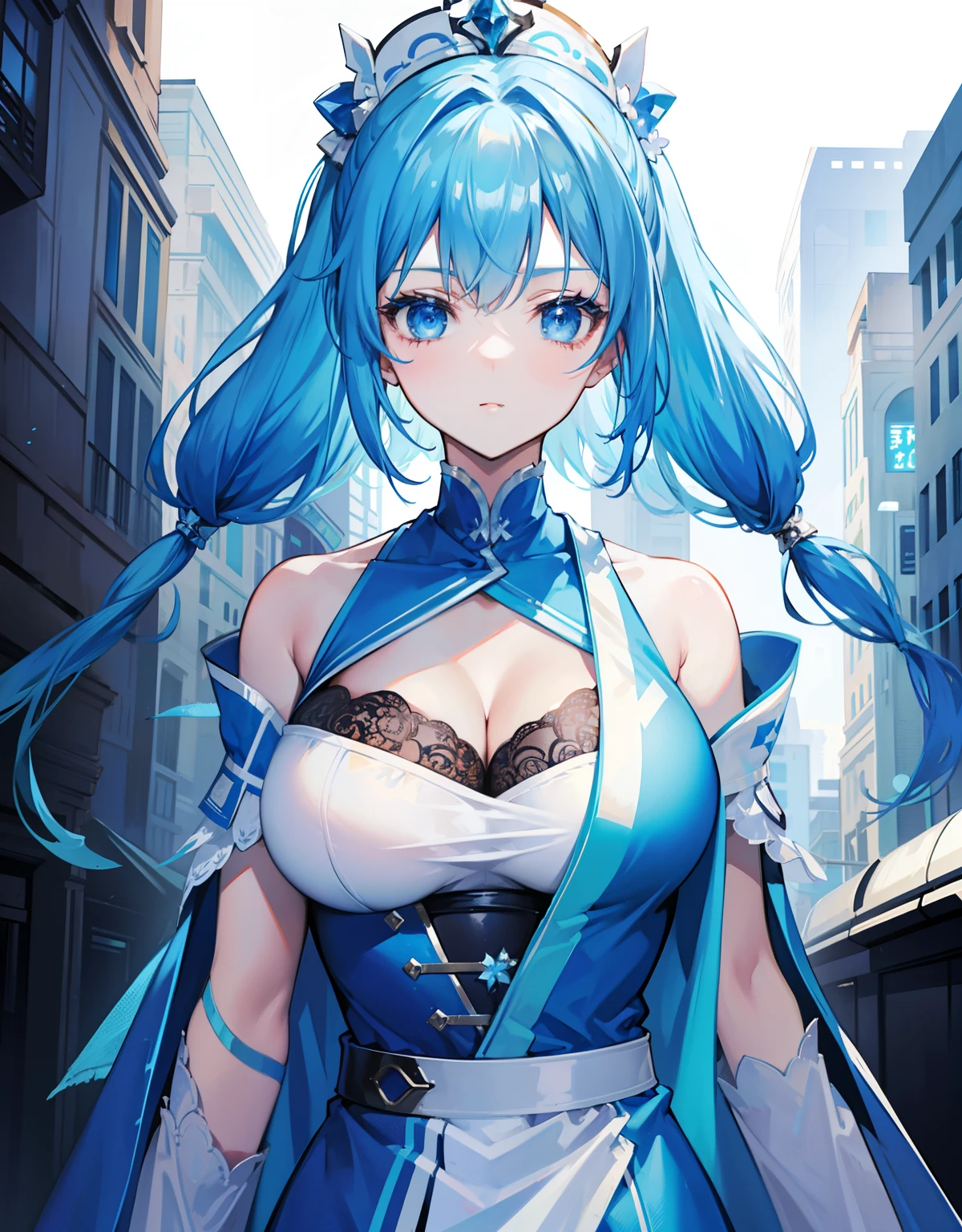 blue hairs，Blue and white clothes，Oversized breasts，A sweet girl with a heroic appearance