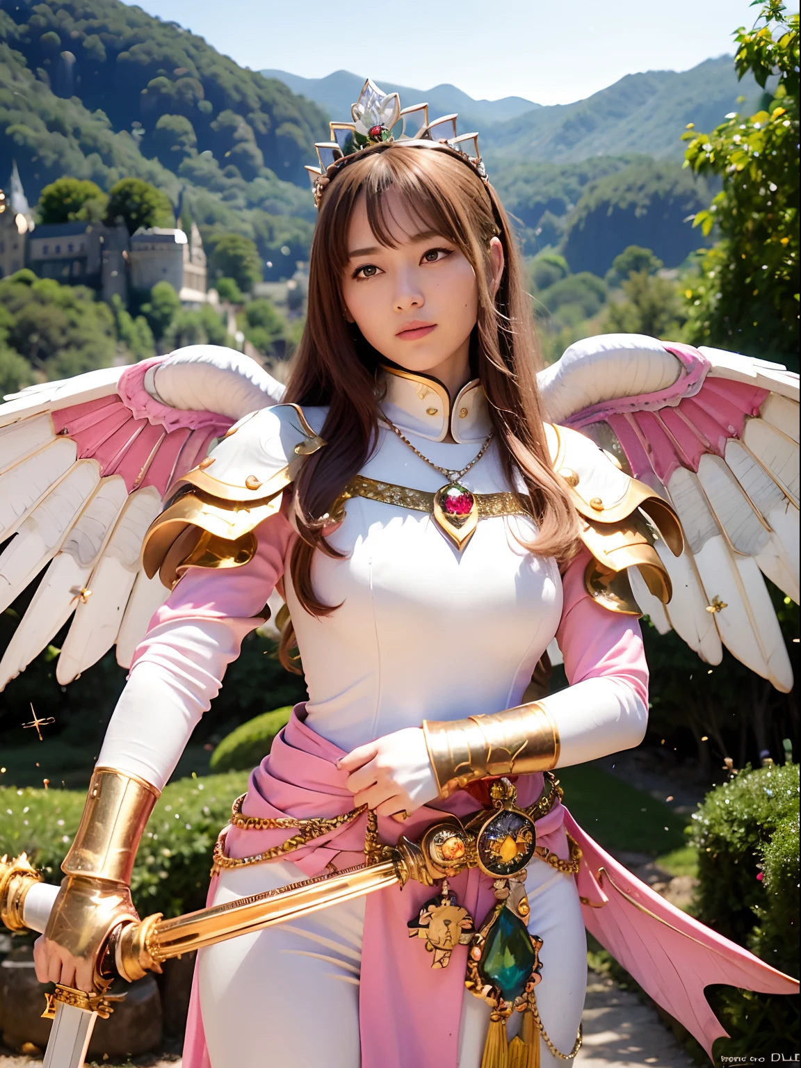 (masutepiece), Professional , masterpiece、top-quality、photos realistic , depth of fields (Gemstone Silver Metal Body:1.9),(Matt W White Pink、Jewel Gold Weapon、(Gorgeous castle background)、(ultimate beauty girl)、(Rainbow fairy wings grow)、Particles of light、(Metal body of iridescent gemstones:1.9),Gorgeous Jewel Metal Weapons , Detailed Sword of the Brave ,( a blond) ,warhammer 40k , adepta sororitas,Detail and ornate jewel crown、独奏、Brown hair、(Gangle's forest background)、Beautiful Caucasian beauty、1a person、dynamic ungle,(((Diamond tiara with detail and luxury)))、a small face、Powerful poses、(Gorgeous castle background)、huge filesize、20 year old beautiful woman、Stand in the center of the screen、Thin female fingers、Straight long hair、Beautiful Caucasian beauty、(maikurobikini)、Hair fluttering in the wind、face forwards、Look at viewers、