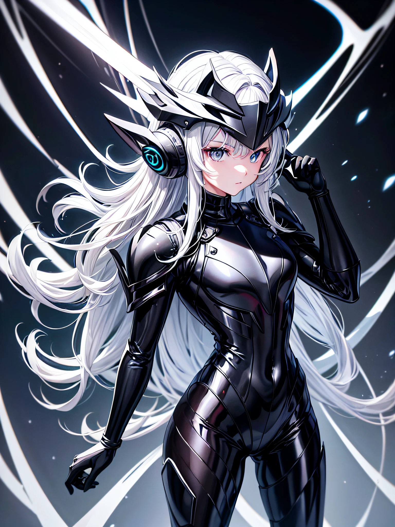 Hot girl, white hair, blue eyes, black superhero suit, cat ears