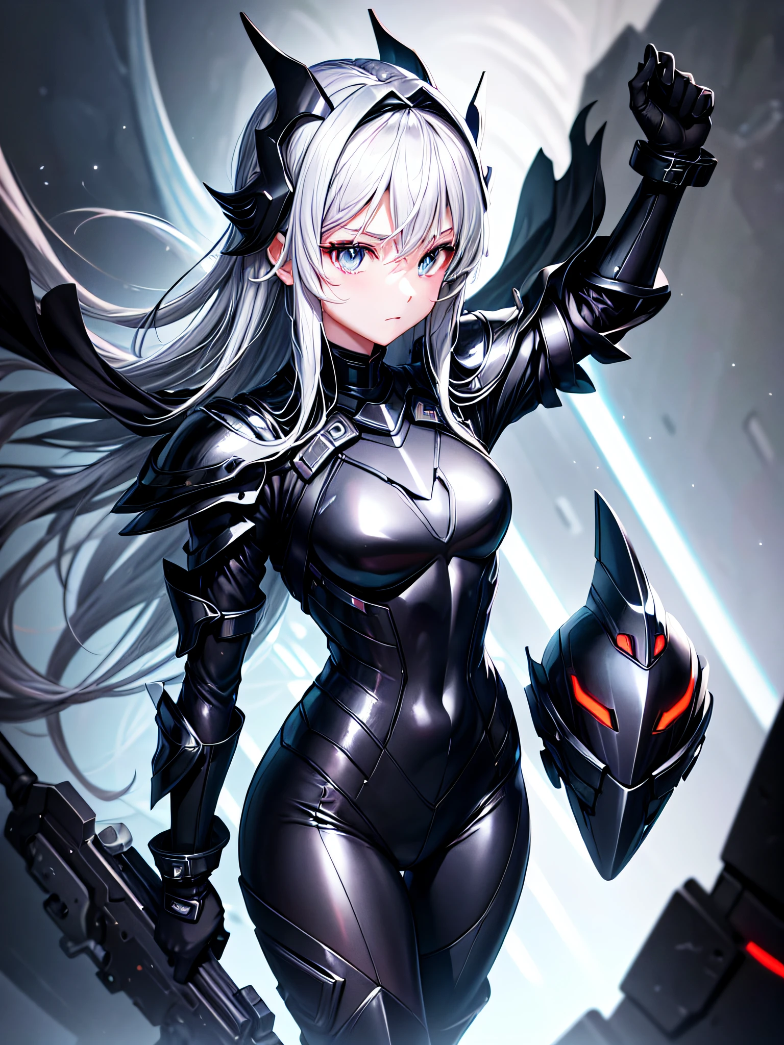 5 8K UHD、Silver-haired and small-nosed beauty in a black shiny black full-body rider suit wearing a black full-face helmet that covers the entire head is standing with her legs open facing the front、Wearing shiny black armor、Upper Body Up