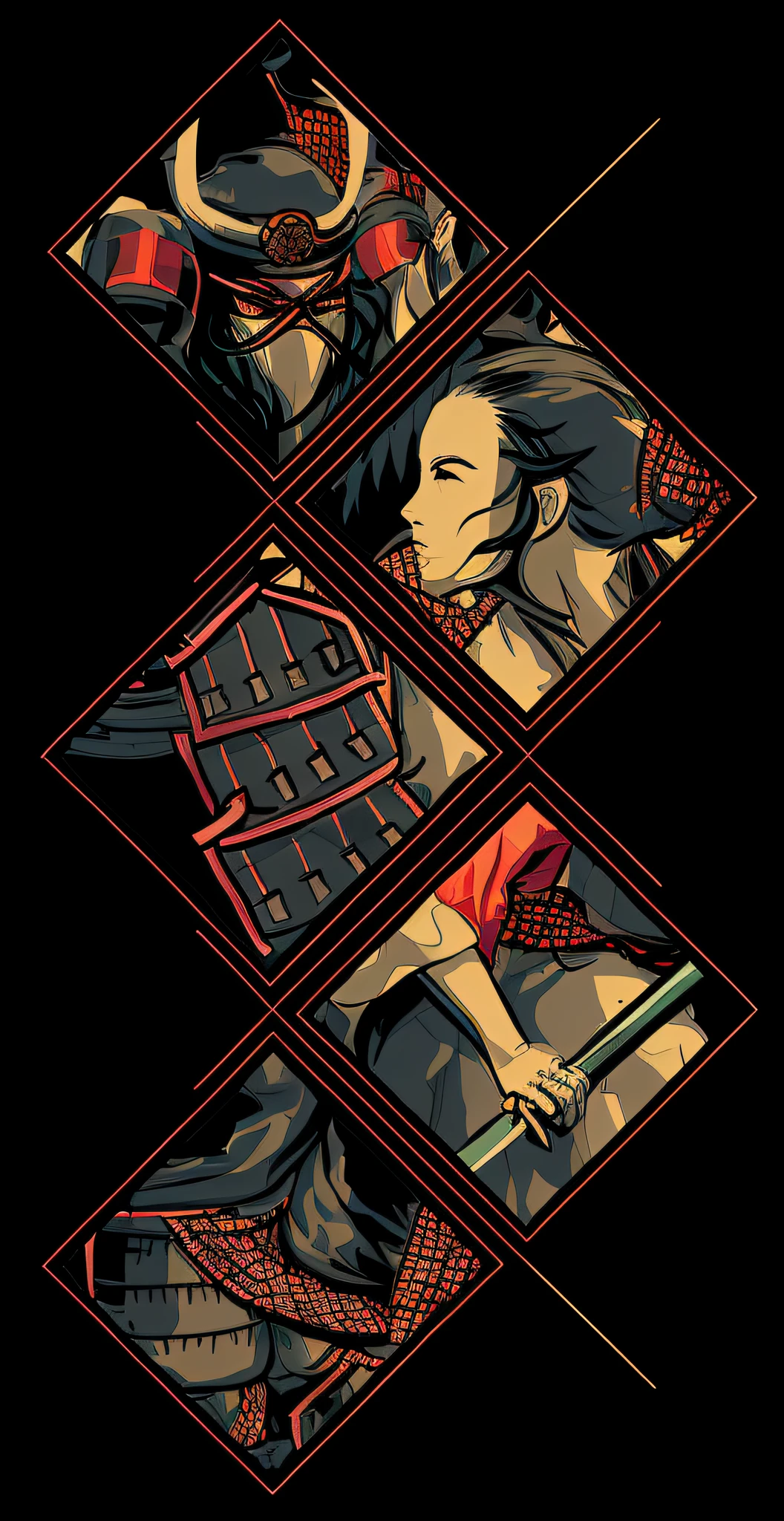 A series of four different illustrations of a woman in a samurai outfit