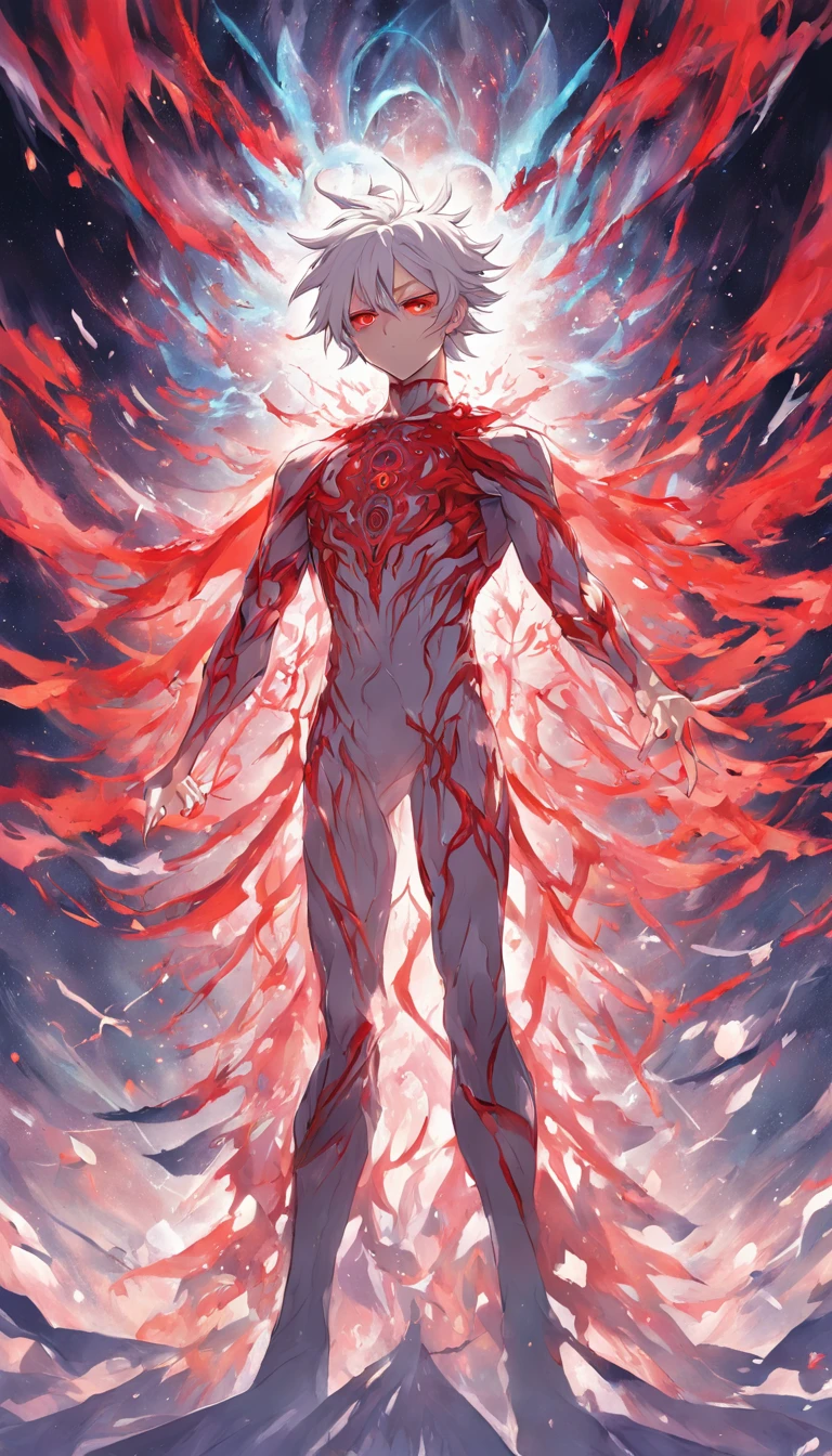 artificial soul of the white-haired, red-eyed male protagonist emerging from his body, represented as an ethereal energy with swirling patterns, as he confronts the controlling God