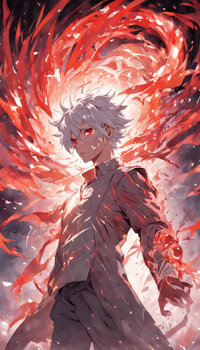 artificial soul of the white-haired, red-eyed male protagonist emerging from his body, represented as an ethereal energy with swirling patterns, as he confronts the controlling God