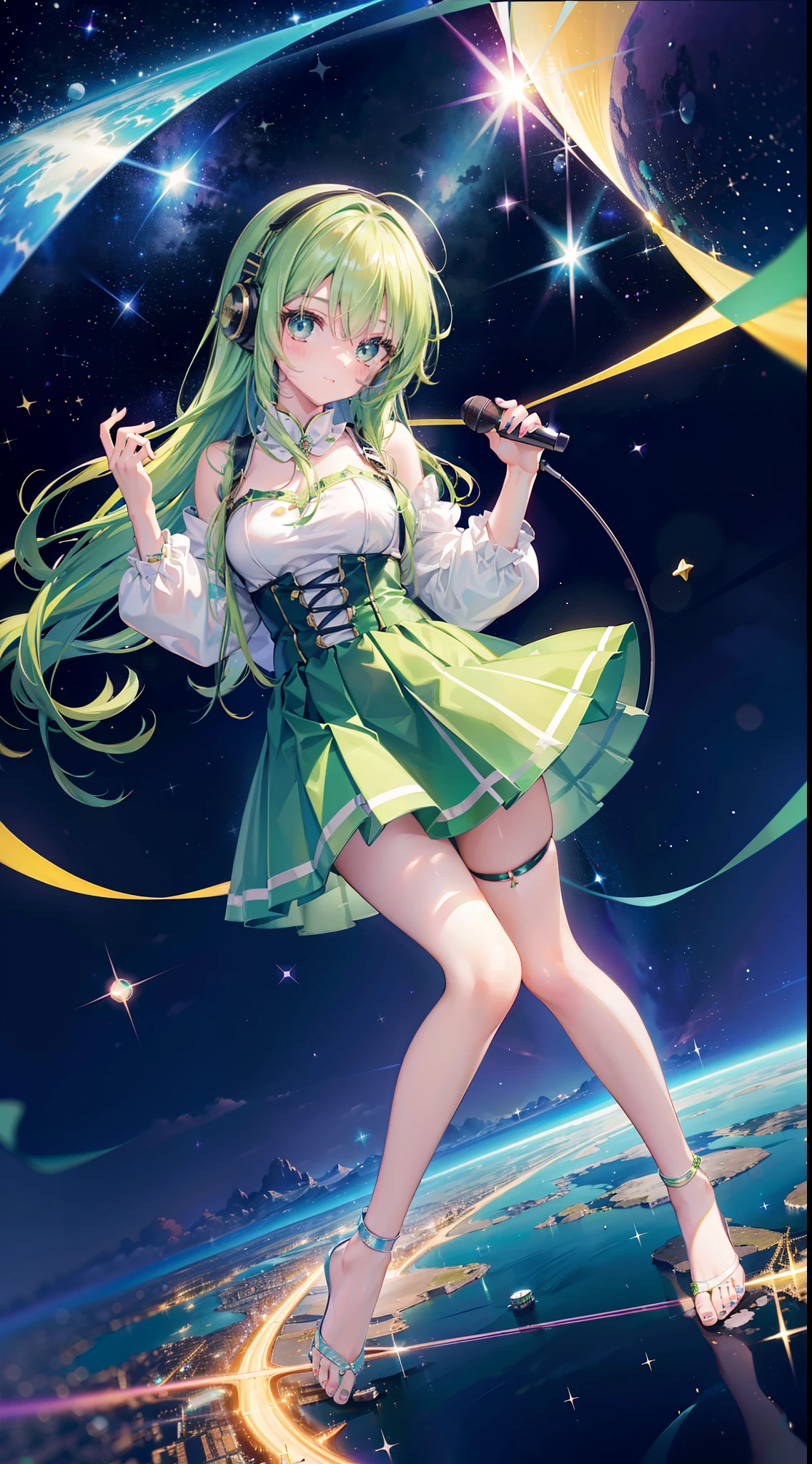 Idol singer with super cute beautiful girl with green hair short bare feet with twin vocals and guitar in green hair flared skirt on outer space background, Beautiful beautiful woman with long pink hair and tight skirt and black fishnet stockings2People to meet face to face々, wearing a headset, Sing and dance cheerfully、Galactic stars in outer space々and shooting stars、Glittering hair ornaments、Very smooth hair,detailed hairs,Very fine hairs,Young shiny hair、(Raw photography、top-quality:1.5)、(realisitic、Photorealsitic:1.5)、masutepiece