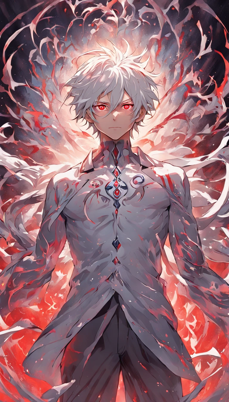 artificial soul of the white-haired, red-eyed male protagonist emerging from his body, represented as an ethereal energy with swirling patterns, as he confronts the controlling God