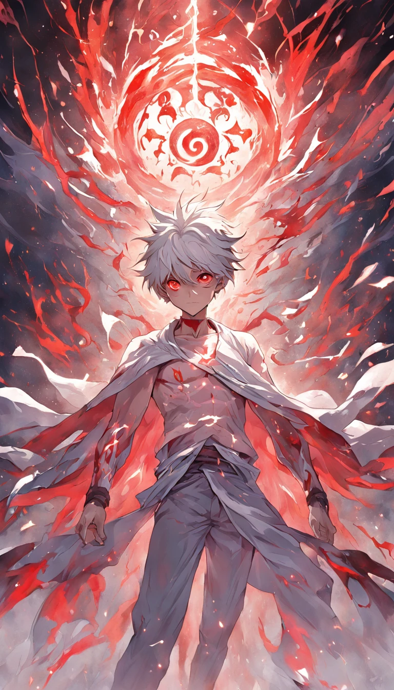 artificial soul of the white-haired, red-eyed male protagonist emerging from his body, represented as an ethereal energy with swirling patterns, as he confronts the controlling God