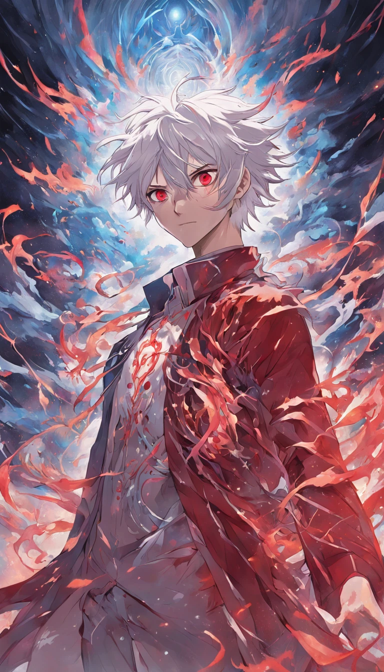 artificial soul of the white-haired, red-eyed male protagonist emerging from his body, represented as an ethereal energy with swirling patterns, as he confronts the controlling God