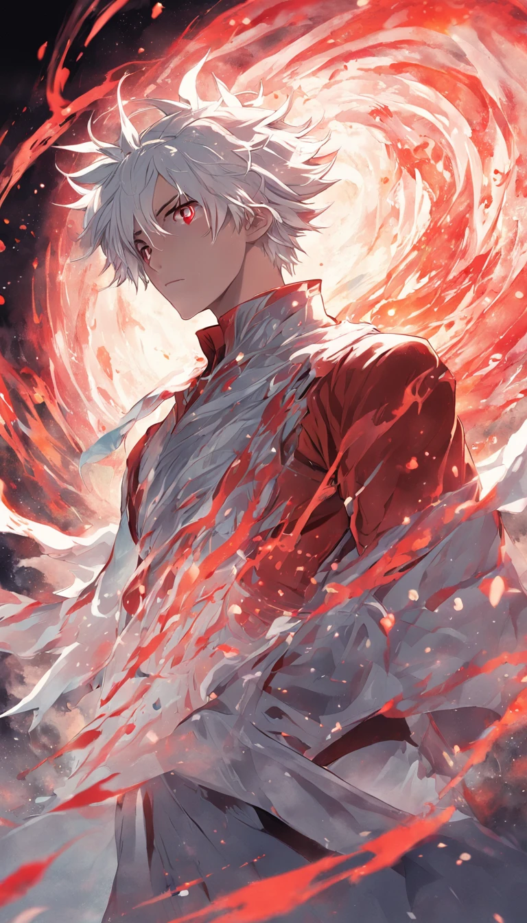 artificial soul of the white-haired, red-eyed male protagonist emerging from his body, represented as an ethereal energy with swirling patterns, as he confronts the controlling God