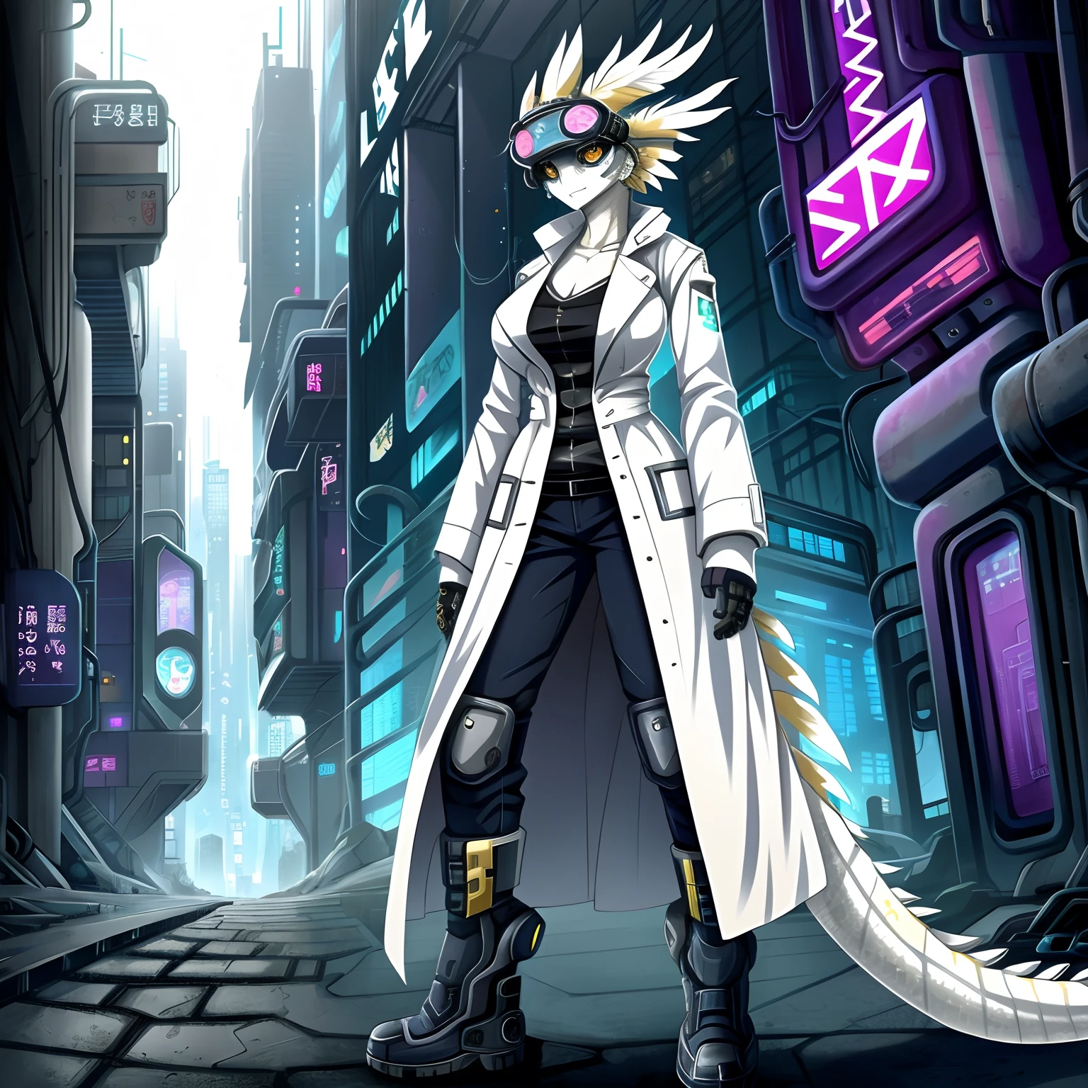 anime big breast, cyber punk perssonage,White dragon，moa，Golden eyes，，White scales，Feather tail， ((Single)), (anthro:1.5), White coat，Old trench coat, Wear clear goggles, Cool, dystopian city, full bodyesbian