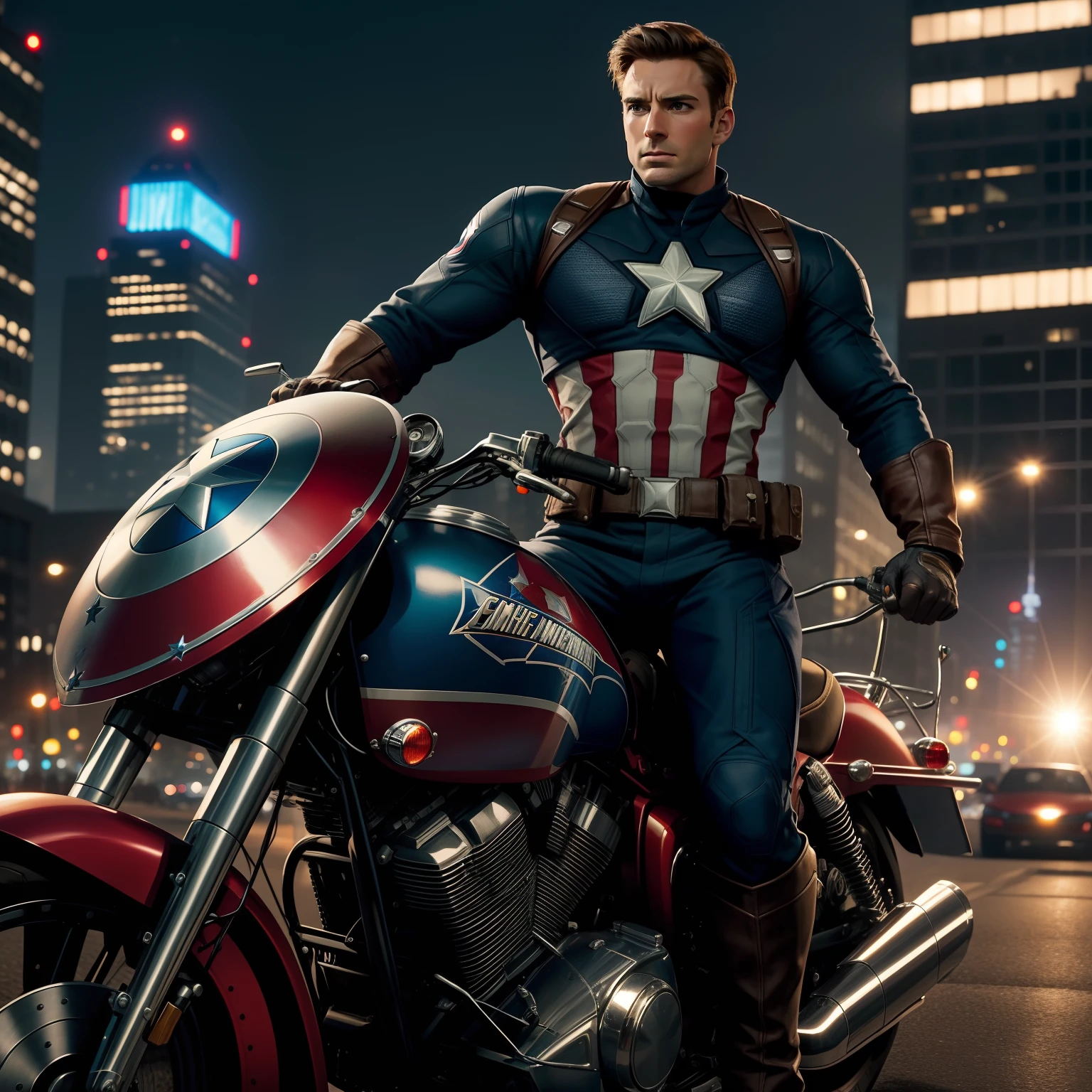 /create prompt:Captain America, the embodiment of justice and patriotism, confidently riding a sleek Captain America-themed motorcycle through the heart of a bustling city, showcasing his unwavering spirit and heroism in motion. The scene starts with Captain America donning his iconic uniform and mounting his motorcycle, which features the red, white, and blue colors of his shield. As he revs the engine, capture his resolute expression and the wind rustling his costume. Utilize dynamic camera angles and city backdrops to create a cinematic and spirited atmosphere. During his motorcycle ride, Captain America follows traffic rules, helps pedestrians, and embodies the values of a true hero. He weaves through traffic with precision, performs impressive stunts, and stops to lend a hand whenever he sees someone in need. As the sun sets, showcase the city's illuminated skyline, adding an extra layer of vibrancy.