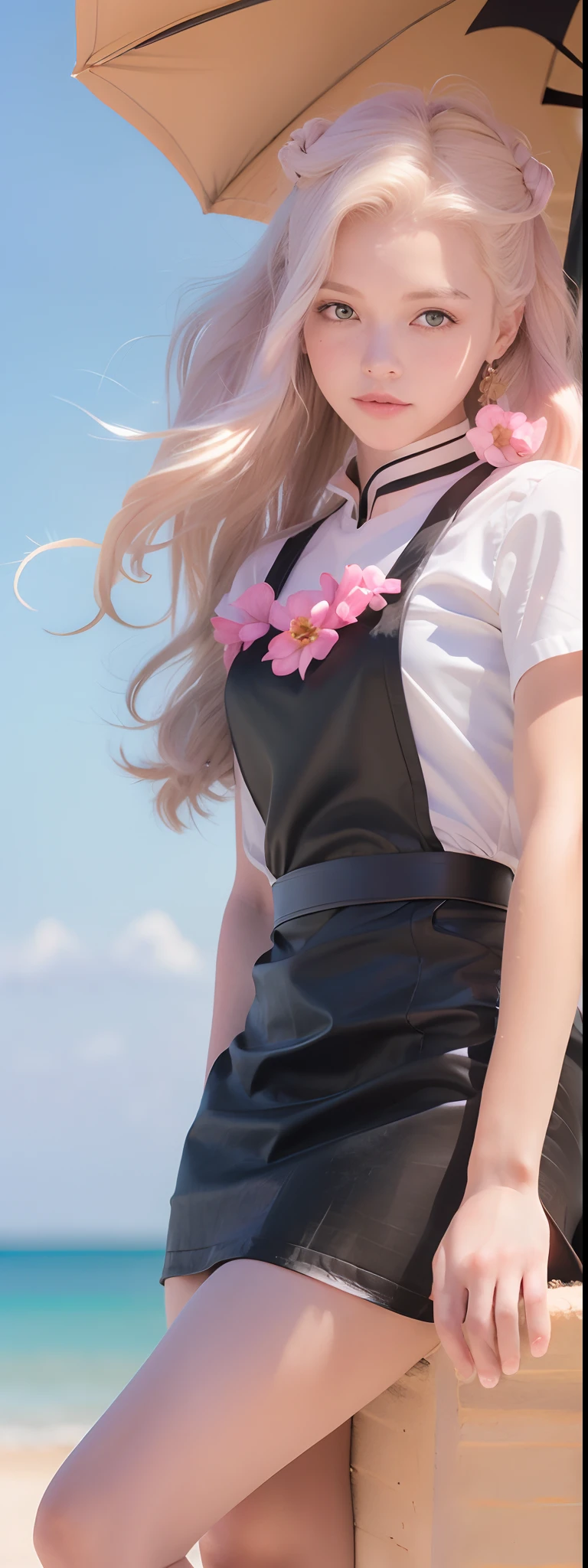 Long pink hair and double ponytail，The pupils of the eyes sparkle，Heterochromia，girl holding flowers，Petal texture depicted，Sit Pose，sandbeach，Blue sky，baiyun，Light wind，Coquettish and cute expression，ultra HD wallpaper，3Drenderingof
