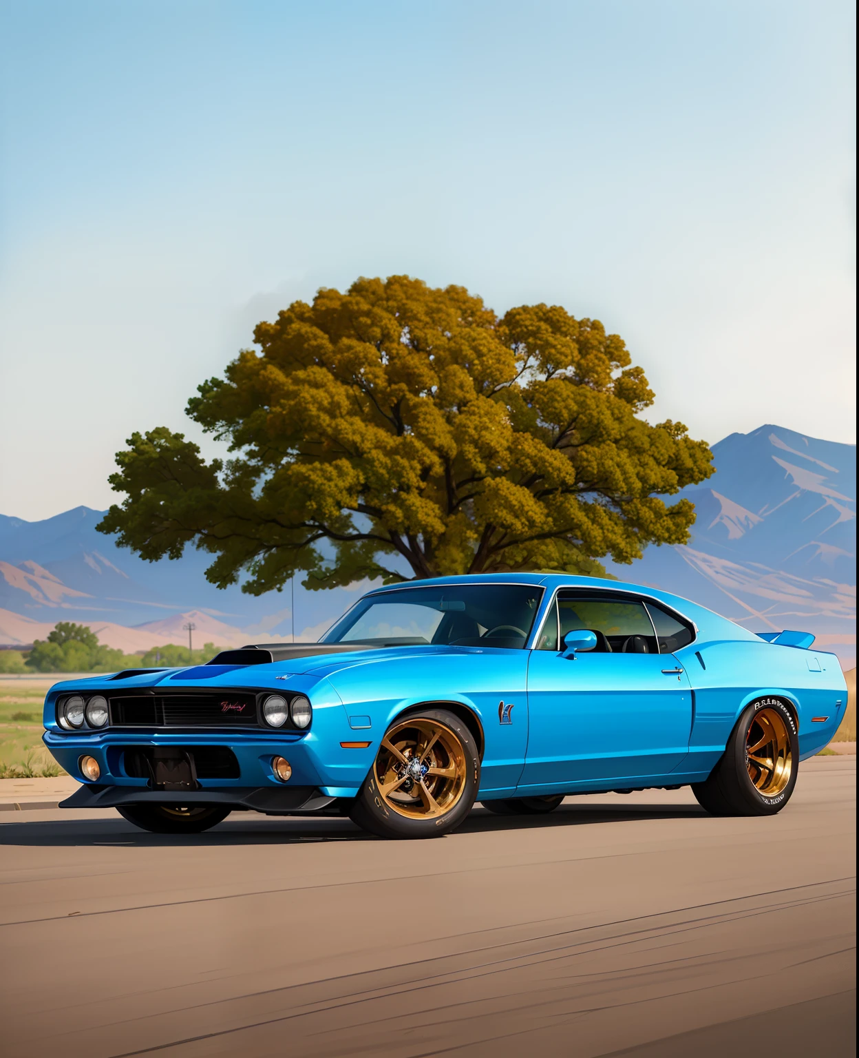 a painting of a boss muscle car, (masterpiece, best quality), particle effects, epic explosion background, vivid, hdr, night time, very detailed, (cell shaded:1.2), ray tracing, it doesn't matter if it's an inch or a quarter mile