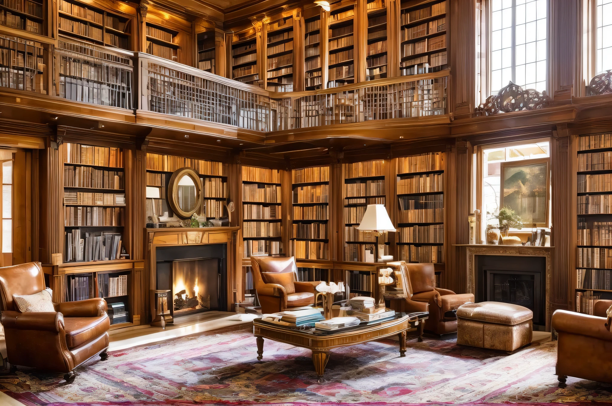 An enchanting library with shelves filled with books from floor to ceiling, bathed in warm golden light, cozy reading nooks, leather armchairs, antique wooden tables, a crackling fireplace, swirling dust particles in the air, a sense of tranquility and serenity.