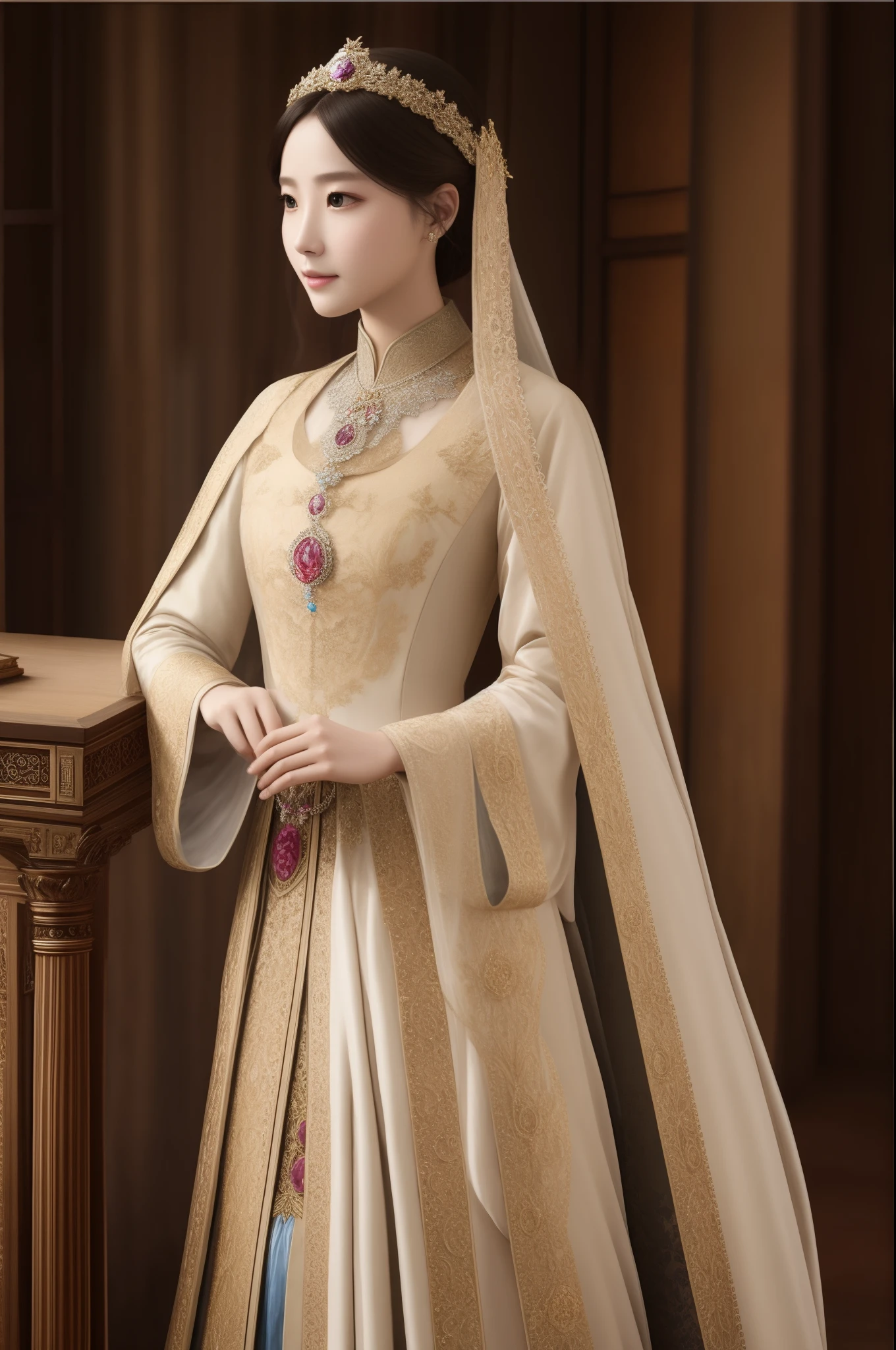 ((top-quality、​masterpiece、8K))、Beautuful Women、delicate and beautiful face、（Luxury dresses in the style of medieval Europe、Princess）、Luxury Accessories、European-style castle、Cinematic lighting、Textured skin、Super Detail、high detailing、High quality、hight resolution