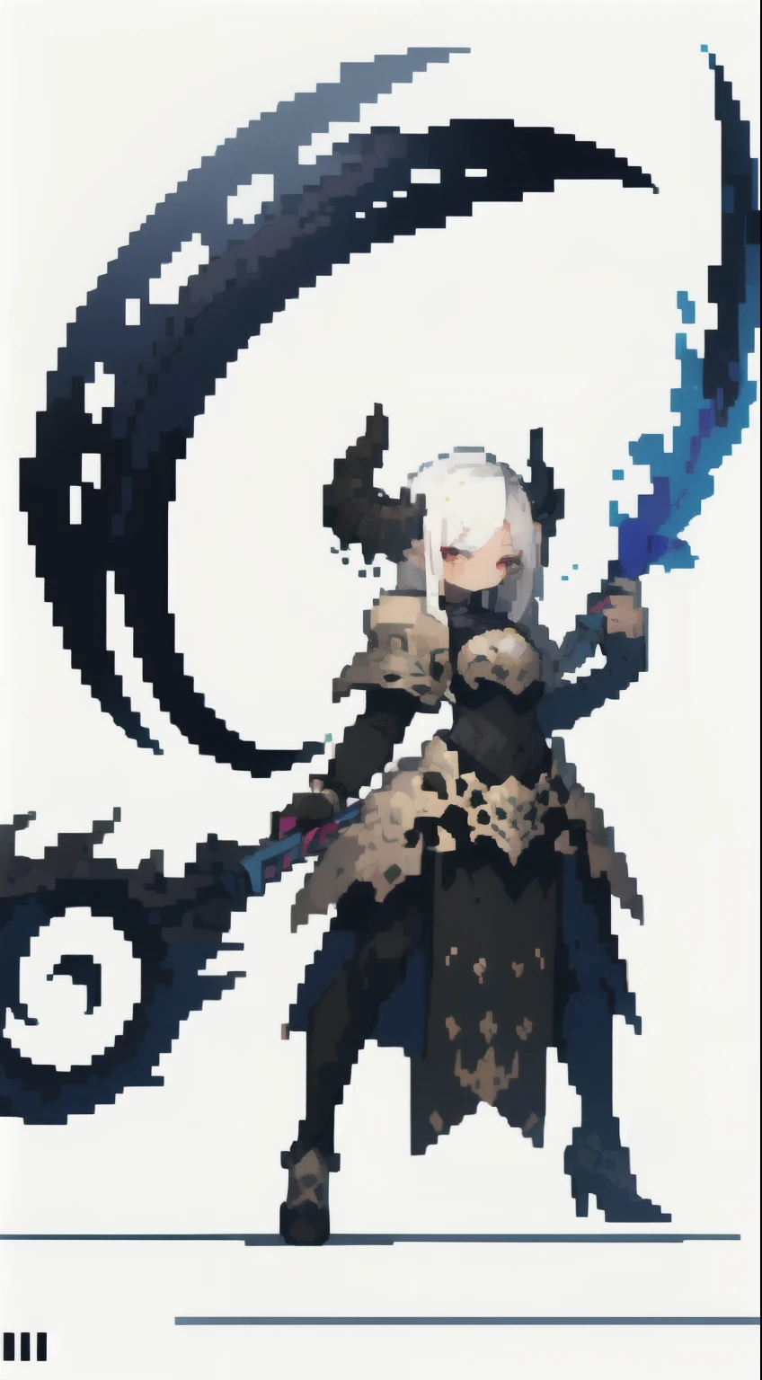 (Masterpiece, Top quality, Best quality), pix, Pixel art,1girll,Monster Girl，Black and white hair，full bodyesbian, Holding a weapon