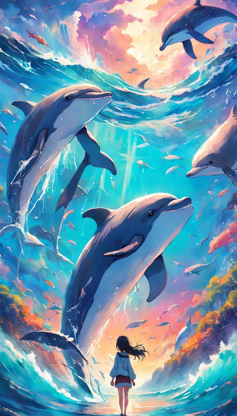 Painting of a flock of dolphins swimming in a colorful sea, Look up at the composition，sky whales, inspired by Cyril Rolando, dreamy psychedelic anime, colorful anime movie background, a beautiful artwork illustration, Authors：Sitao, colorful concept art, makoto shinkai cyril rolando, in style of cyril rolando, flying whales, High Definition Watercolor 8K, highly detailed watercolor 8 K，octane，Fine，Realistic，8K，Shinkai Makoto style( Reasonable design, Clear lines, High Sharpness,Best Quality, Very detailed, masutepiece, Movie Light Effects, 4K )