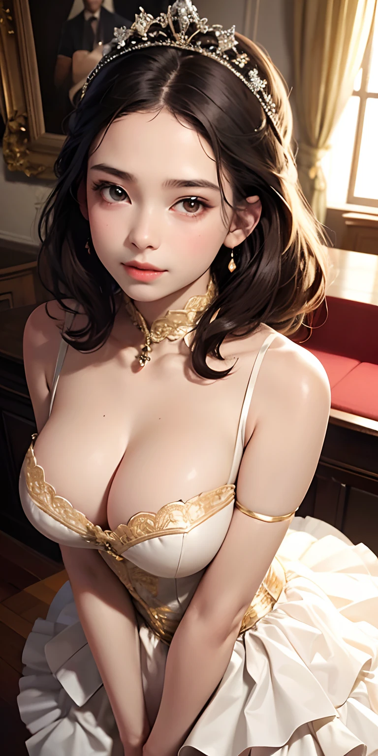 realisticlying，13yo girl，Dressed in the classical ballet costume shown here，Face Real，Looking up from the bottom、smil，Cleavage emphasis，Opera House，Breasts enlarged，Cleavage emphasis，Extra large zoom on chest，Chest zoom