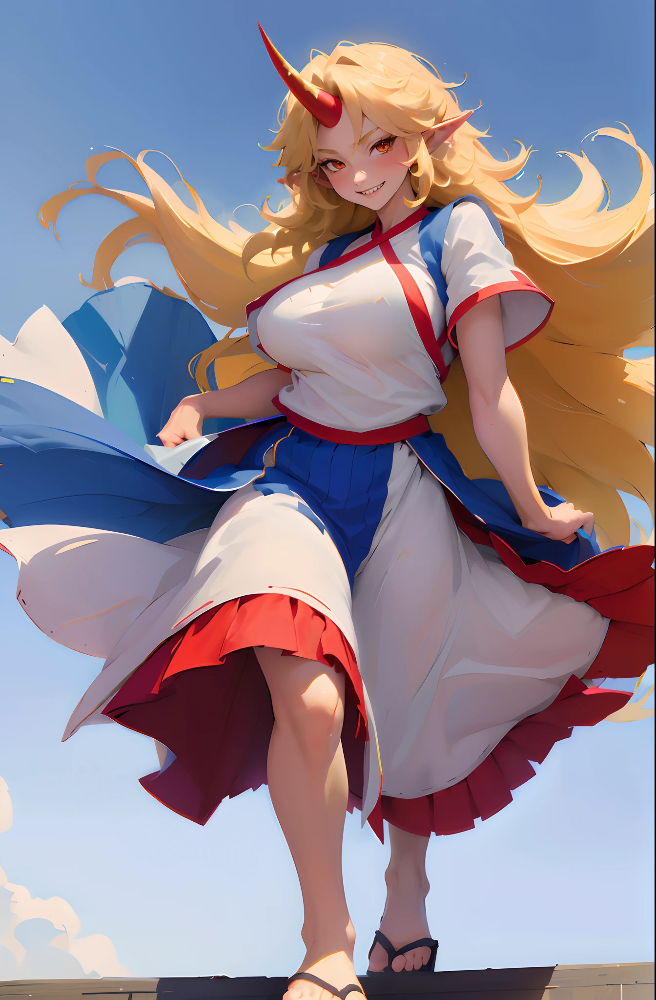 hoshiguma yuugi,1girl,single horn, pointy ears, blonde hair, long hair,yellow eyes,s ,white shirt,skirt,, muscle girl, huge breast,walking, single horn, long skirt, flip flops, sharpteeth, smile, tomboy,very long skirt, blue and red skirt, traditional germanic dress, red eyes, medieval city,full body