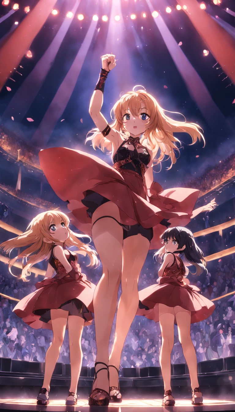 italian mom and her daughters on top of a stage playing hard rock music, hard rock sexy dress