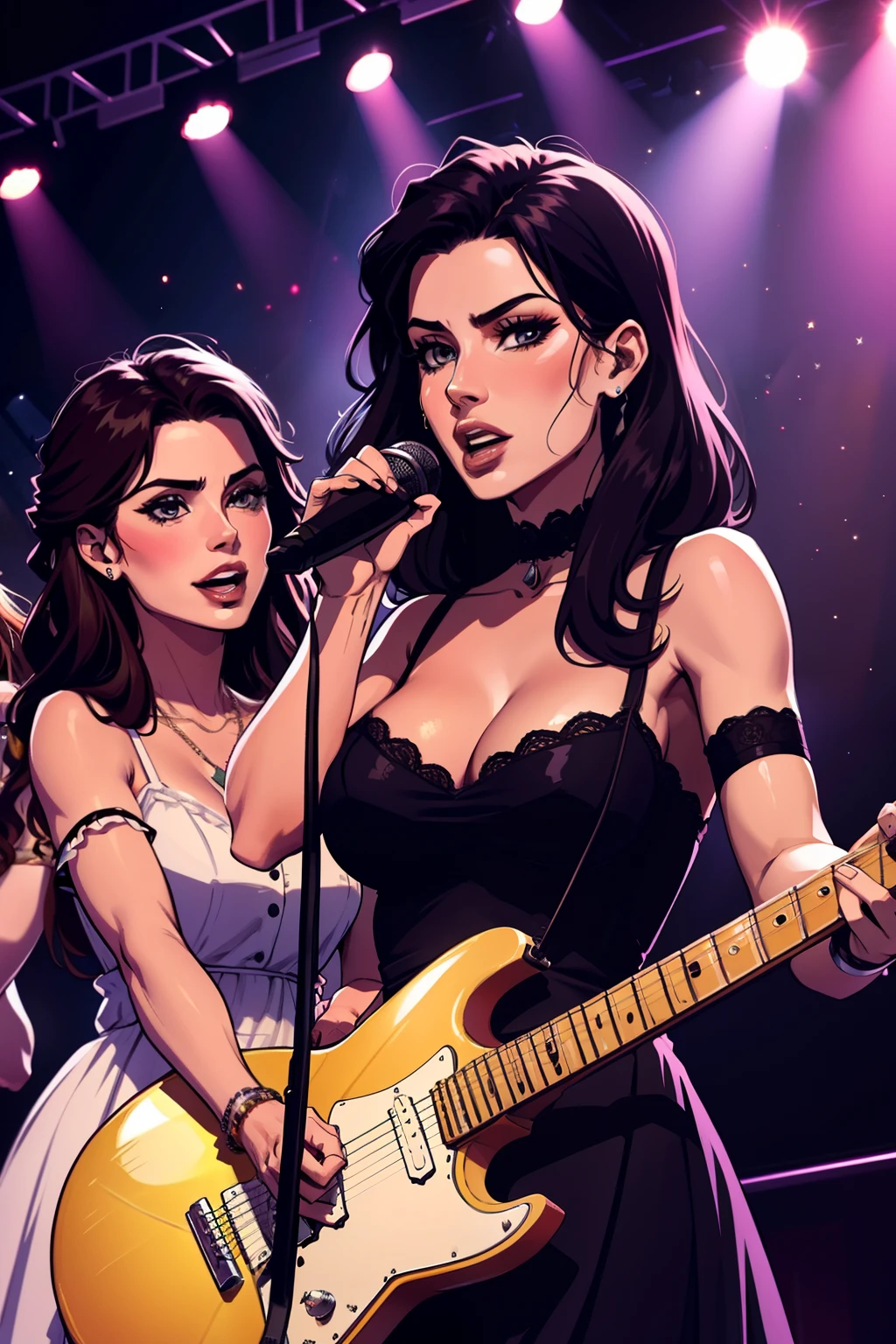 italian mom and her daughters on top of a stage playing hard rock music, hard rock  dress