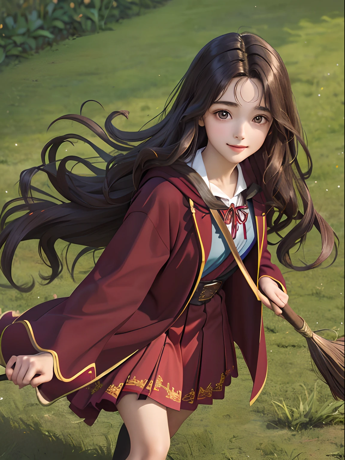 ((masterpiece:1.2), (best quality:1.2), looking at viewer, bare and fair skin,Wizarding world, shimmer reflected on hair, long hair fluttering in the wind, (wavy long hair), hair middle part, energetic , smily, happy , 15 year old eauropean girl, dark brunette hair, Brown eyes, victorian simple dress, gryffindor, red color, active young girl carry a broom, medium B cup breast, charming young lady, Gryffindor robe, harry potter style.