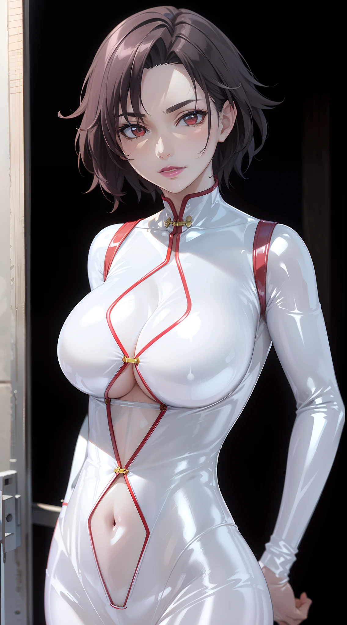 professional artwork, Intricate Details, field of view, sharp focus, detailed painting, photorealistic lighting, trending on pixiv,(masterpiece:1.0),(best_quality:1.0), ultra high res, ultra-detailed, photography, 8K, HDR, highres, absurdres:1.2, Kodak portra 400, film grain, sharp focus, bokeh:1.2, lens flare, (vibrant_color:1.2), ultra detailed body, ultra detail hair, ultra detail face, Lee Mayfeng, (((white latex bodysuit:1.4))), (full body shot:1.1), mature female, 1girl, anime face, standing, solo, chinese dress, makeup, large breasts, lipstick, red eyes, short hair, brown hair, underboob, cleavage, perfect body, (athletic body:1.1), perfect eyes, anime eyes, smoky eyeliner, eyeshadow, perfect face, shy, ((upper body, half body shot))
