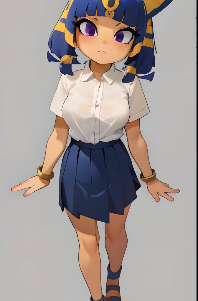 8 girl, ultra detailed 8k cg, (masterpiece, best quality, ultra-detailed, highres:1.2), cinematic, cgi, photorealistic, 1girl, pretty, (loli), blh, natural skin texture, beautiful eyes, intricate eyes, heavy eye makeup, beautiful, (masterpiece:1.2), (best quality:1.2), perfect eyes, perfect face, perfect lighting, 1girl, solo, (young woman), large breasts, female, white background , blonde hair, low twintail hair, purple eyes, full body, young woman, shiny skin, skimpy, nsfw, ( Expressionless),( perfect naked body:1.4), beautiful, (masterpiece:1.2), (best quality:1.2), perfect eyes, perfect face, perfect lighting,, (masterpiece, best quality), intricate details, 8k, artstation, wallpaper, official art, splash art, sharp focus, Ankha (Animal Crossing), Ankha,
dress shirt,bangle,ankle lace-up,skirt,expression chart, face focus
smug,standing, white, background