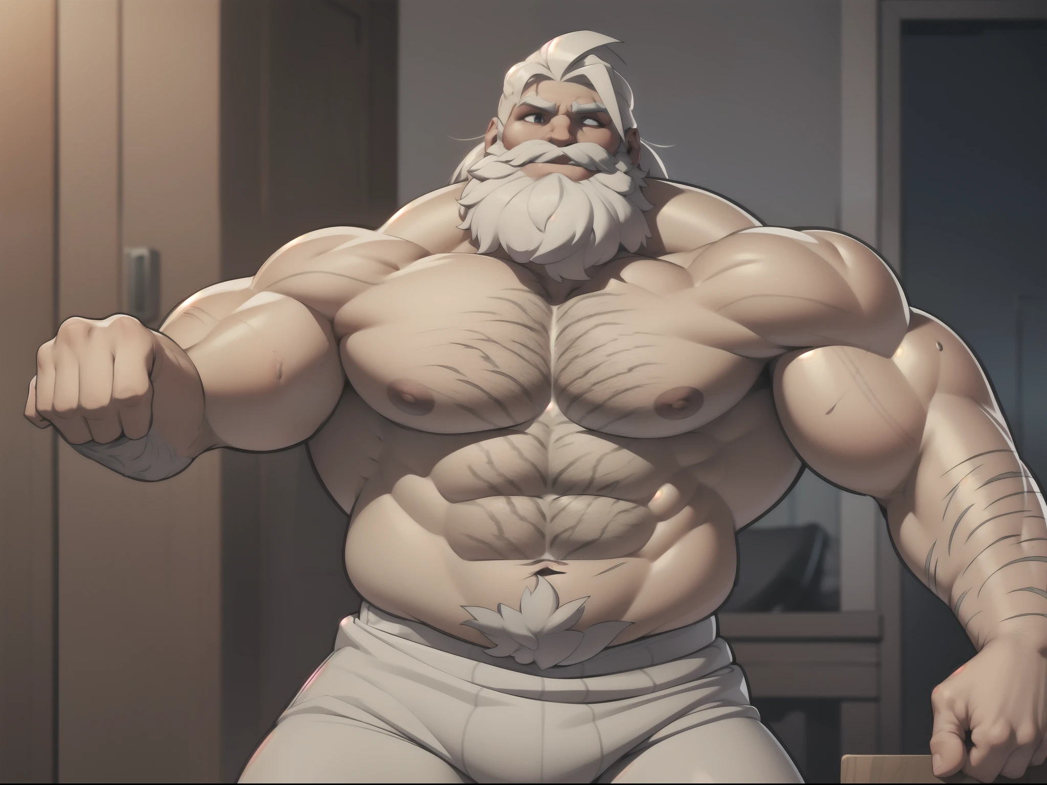 Torso of bearded shirtless topless old muscular man showing armpits, strong chest, strong arms, large muscles, white hair, white beard, muscular, thick abs, pectorals, thick stomach, navel, large pectorals, thick wrists, big body, heavy muscular, tall body, grey training pants, sweating, (chubby: 1)