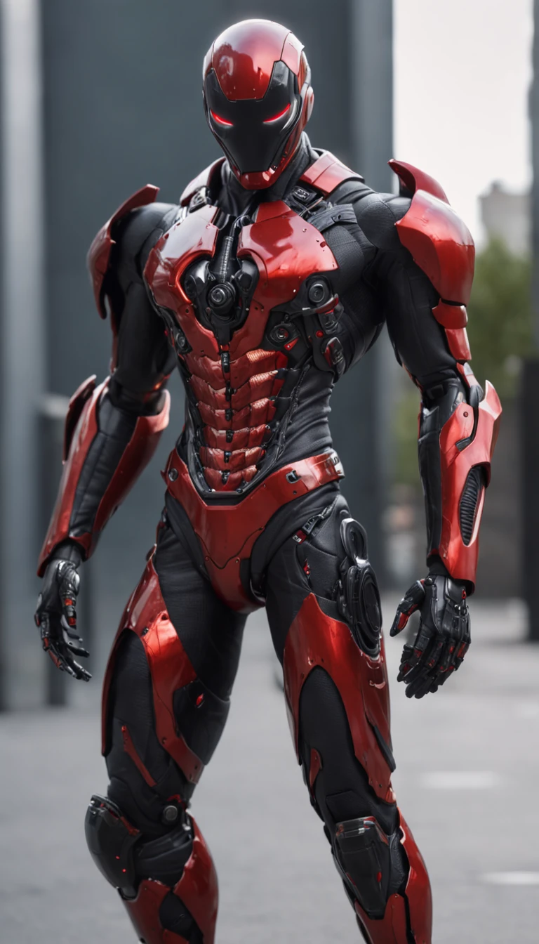 A Hi-Tech cyberpunk style red black Venom suit, Custom design, Mechanical tenticles, shining body, glowing look, full shining suit, body, hues.,steampunk style,cyberpunk style,mecha, perfect custom Hi-Tech suit, holding sword, weapon master, Hi-Tech belt, muscular body suite, looking at viewer, ,cyberpunk,robot