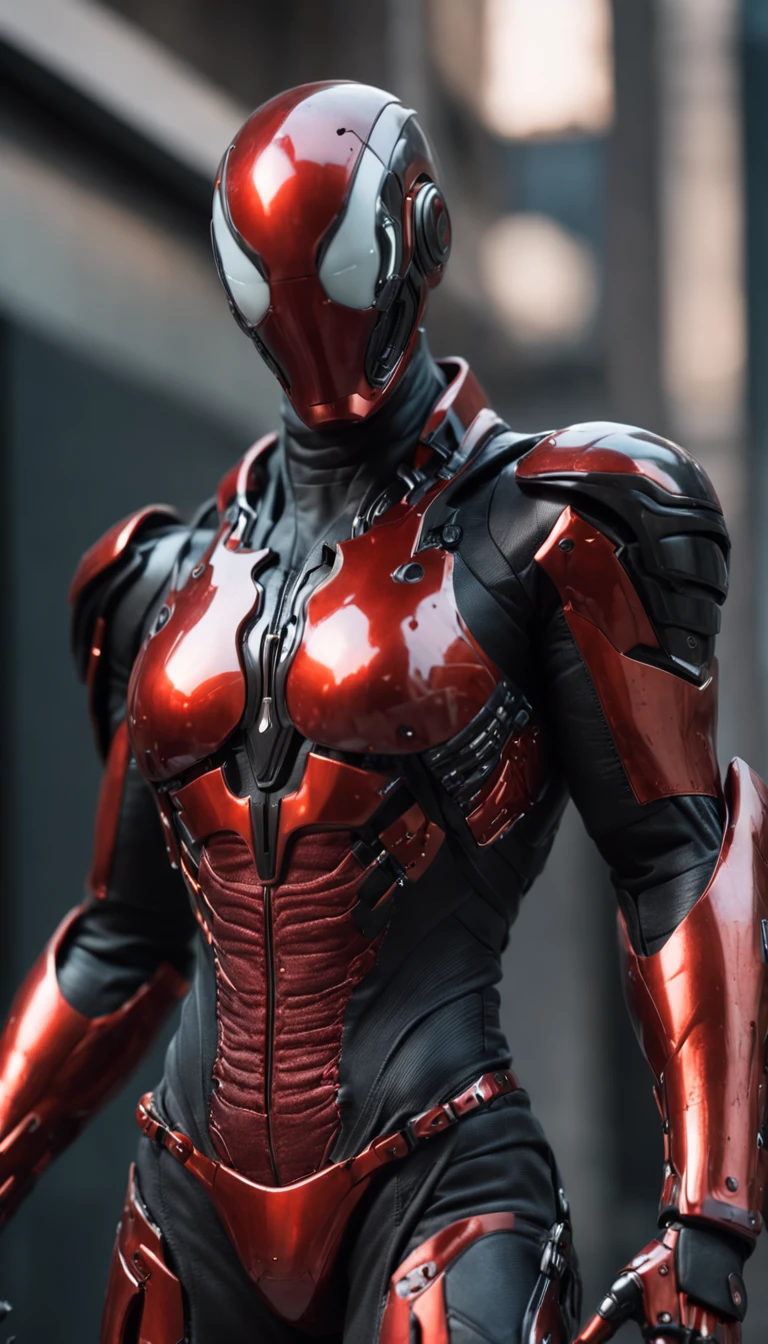 A Hi-Tech cyberpunk style red black Venom suit, Custom design, Mechanical tenticles, shining body, glowing look, full shining suit, body, hues.,steampunk style,cyberpunk style,mecha, perfect custom Hi-Tech suit, holding sword, weapon master, Hi-Tech belt, muscular body suite, looking at viewer, ,cyberpunk,robot