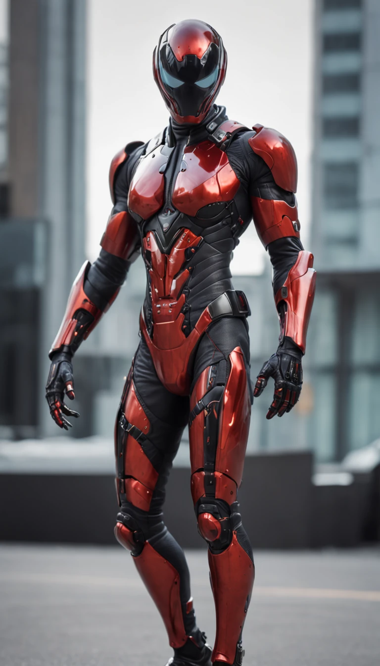 A Hi-Tech cyberpunk style red black Venom suit, Custom design, Mechanical tenticles, shining body, glowing look, full shining suit, body, hues.,steampunk style,cyberpunk style,mecha, perfect custom Hi-Tech suit, holding sword, weapon master, Hi-Tech belt, muscular body suite, looking at viewer, ,cyberpunk,robot