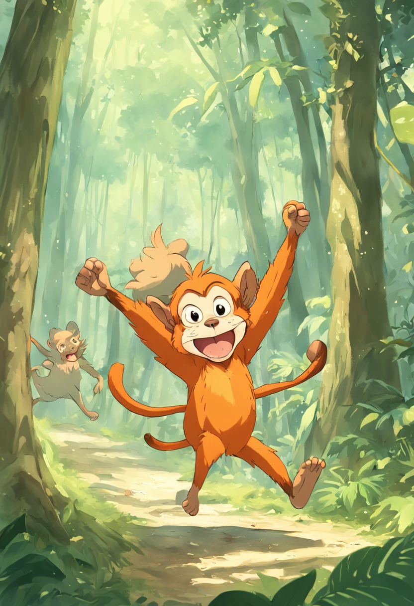 Por favor, crie uma imagem de um macaco divertido tocando tambores na floresta. The image should capture a scene in a vibrant and energetic way, with the monkey demonstrating expressions of joy as it plays the drums among the trees of the forest . Certifique-se de que a imagem seja colorida e repleta de detalhes, conveying a relaxed and lively atmosphere of the scene. Pintura SNES