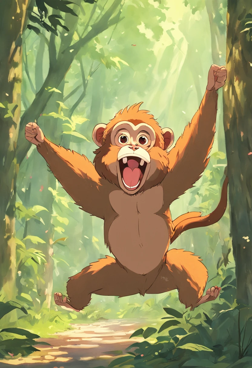 Por favor, crie uma imagem de um macaco divertido tocando tambores na floresta. The image should capture a scene in a vibrant and energetic way, with the monkey demonstrating expressions of joy as it plays the drums among the trees of the forest . Certifique-se de que a imagem seja colorida e repleta de detalhes, conveying a relaxed and lively atmosphere of the scene. Pintura SNES